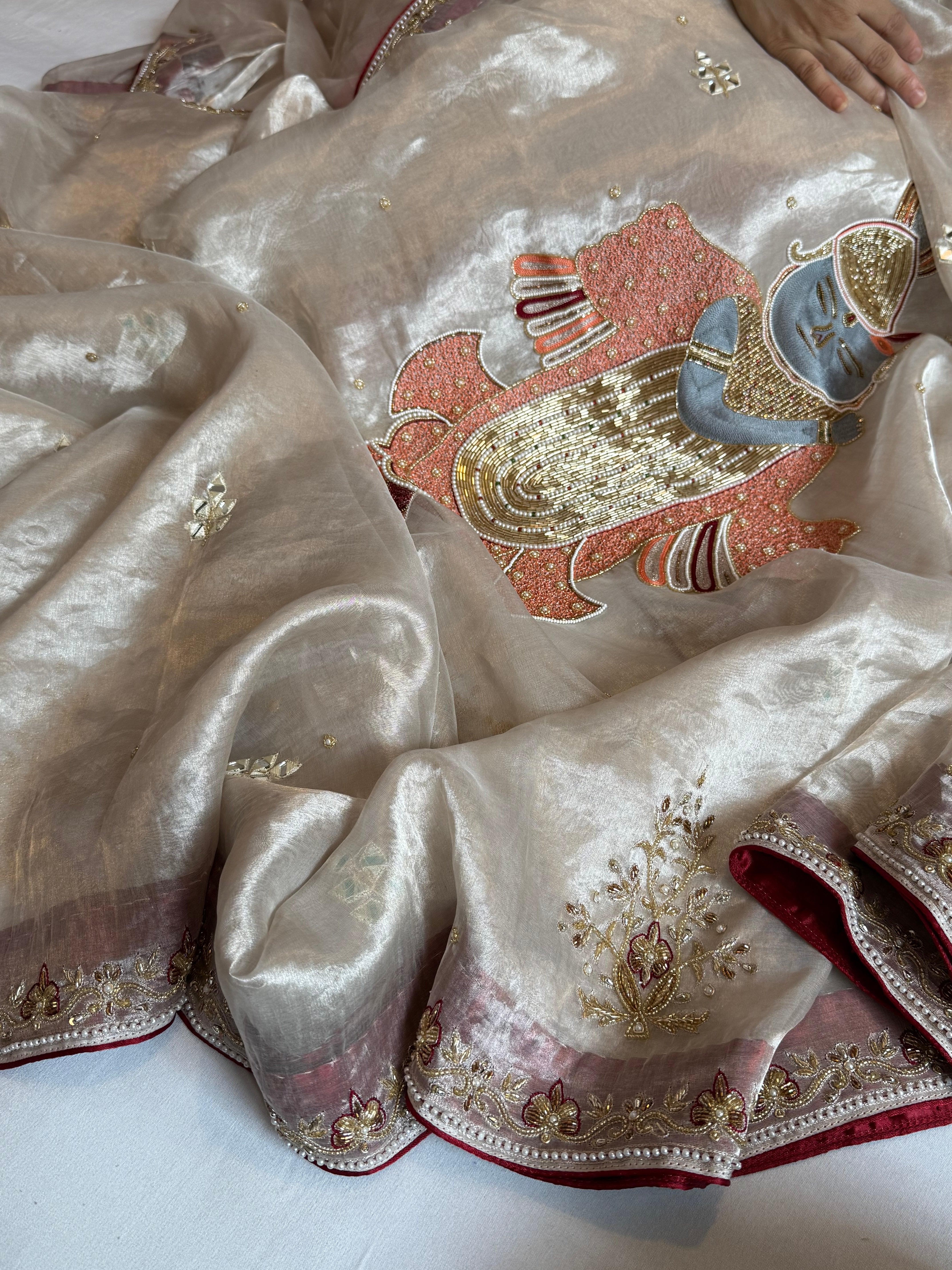 Radhika merchant inspired shreenathji motif diamond tissue silk hand embroidered saree