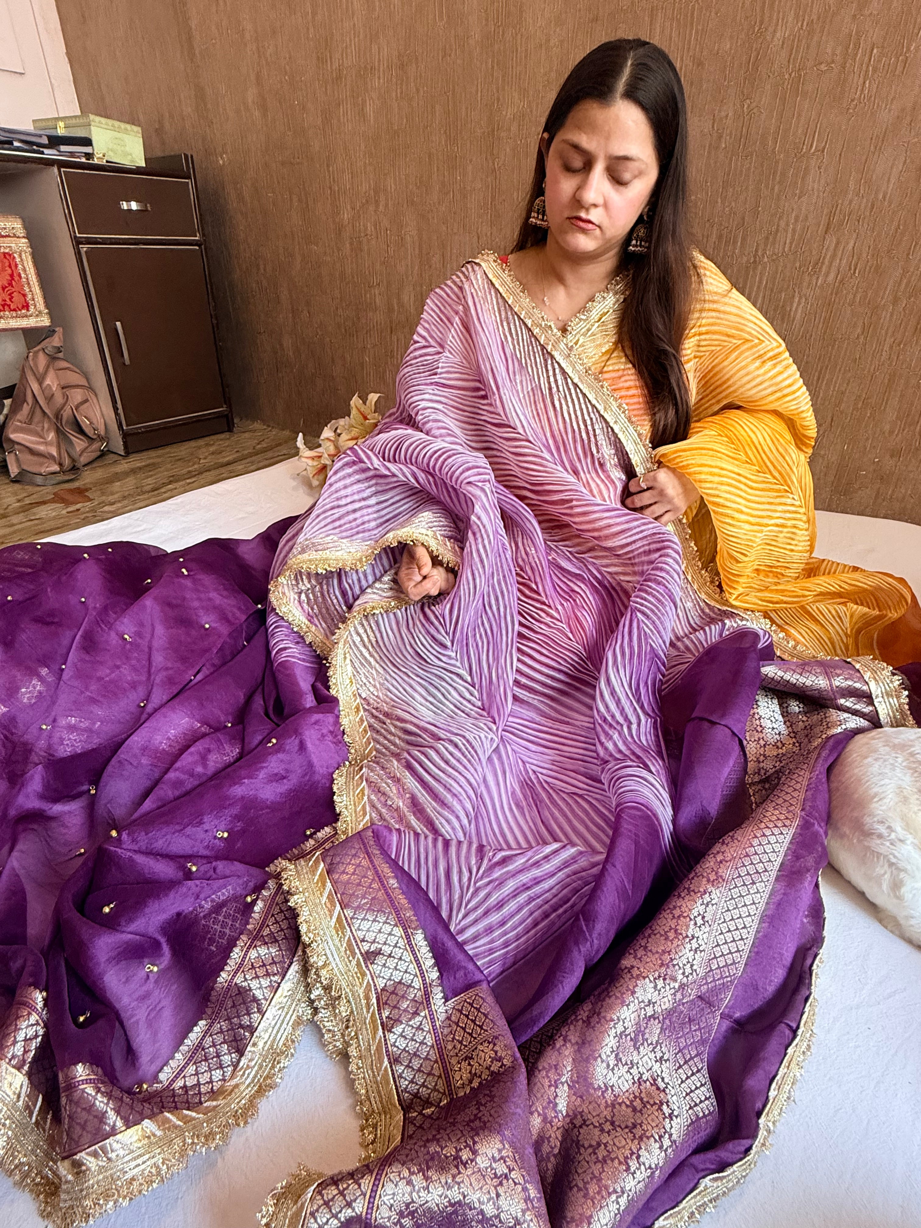 Arshi dye ghungro work kora silk banarasi kadhwa weaving saree