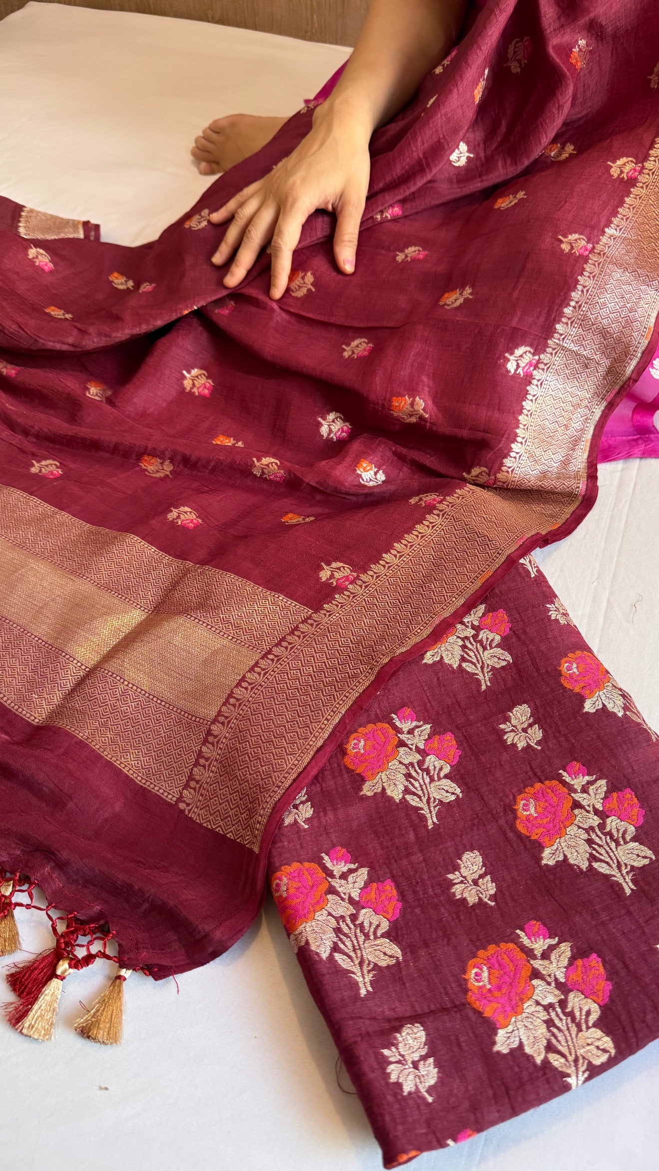 Linen gorgette burgundy kadhwa meenakari rose buta suit set