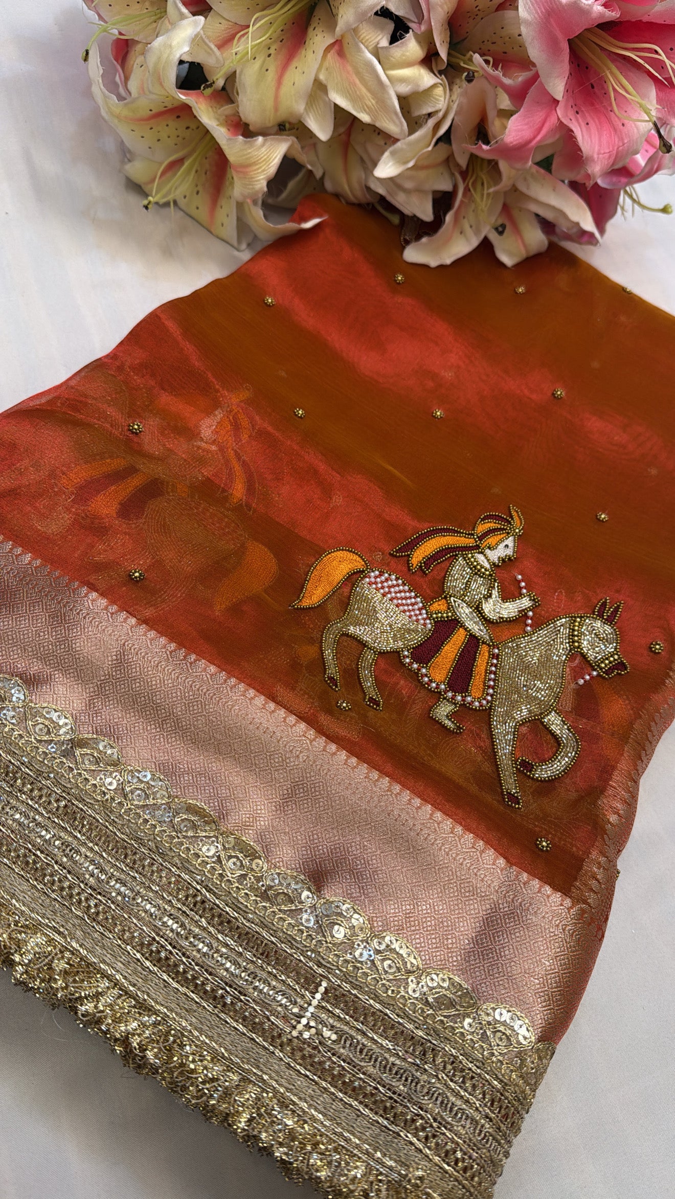 Sunset orange baarat motif husn tissue silk hand embroidered saree