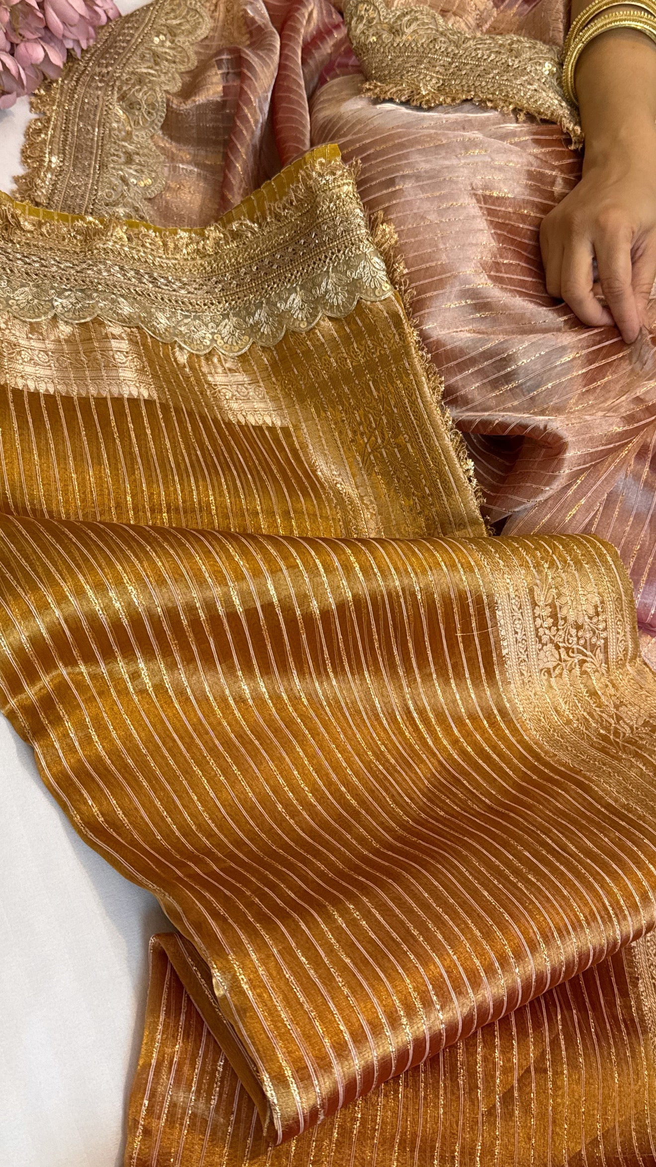 Maharani rang birangi tissue silk zari striped kadhwa saree