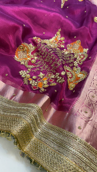 Phere wali saree - Magenta purplish-pink tissue silk “gayatri mantra” hand embroidered saree