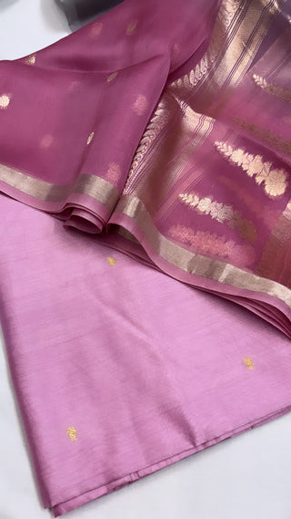 Pure Banarasi rose pink chiniya silk kadhwa buti kadhwa suit set paired kora silk  kadhwa work ombre shaded duppata and bottom set