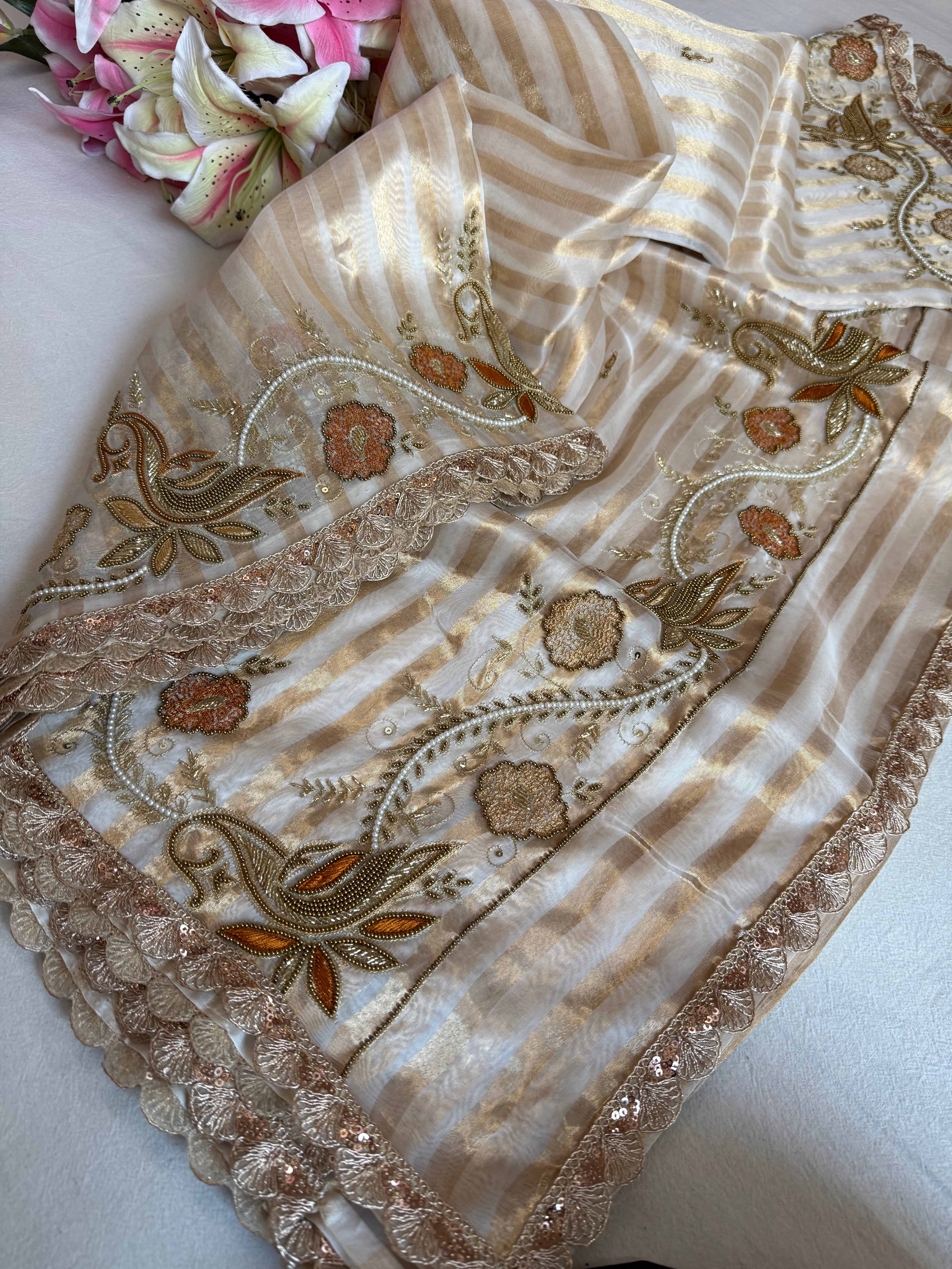 90s bollywood inspired diamond tissue silk striped shikargah border meenakari kadhwa saree