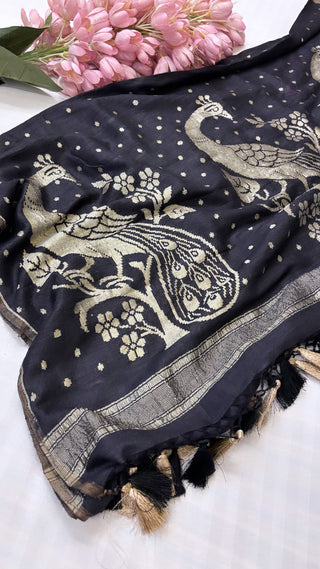 Moonga silk black peacock kadhwa duppata