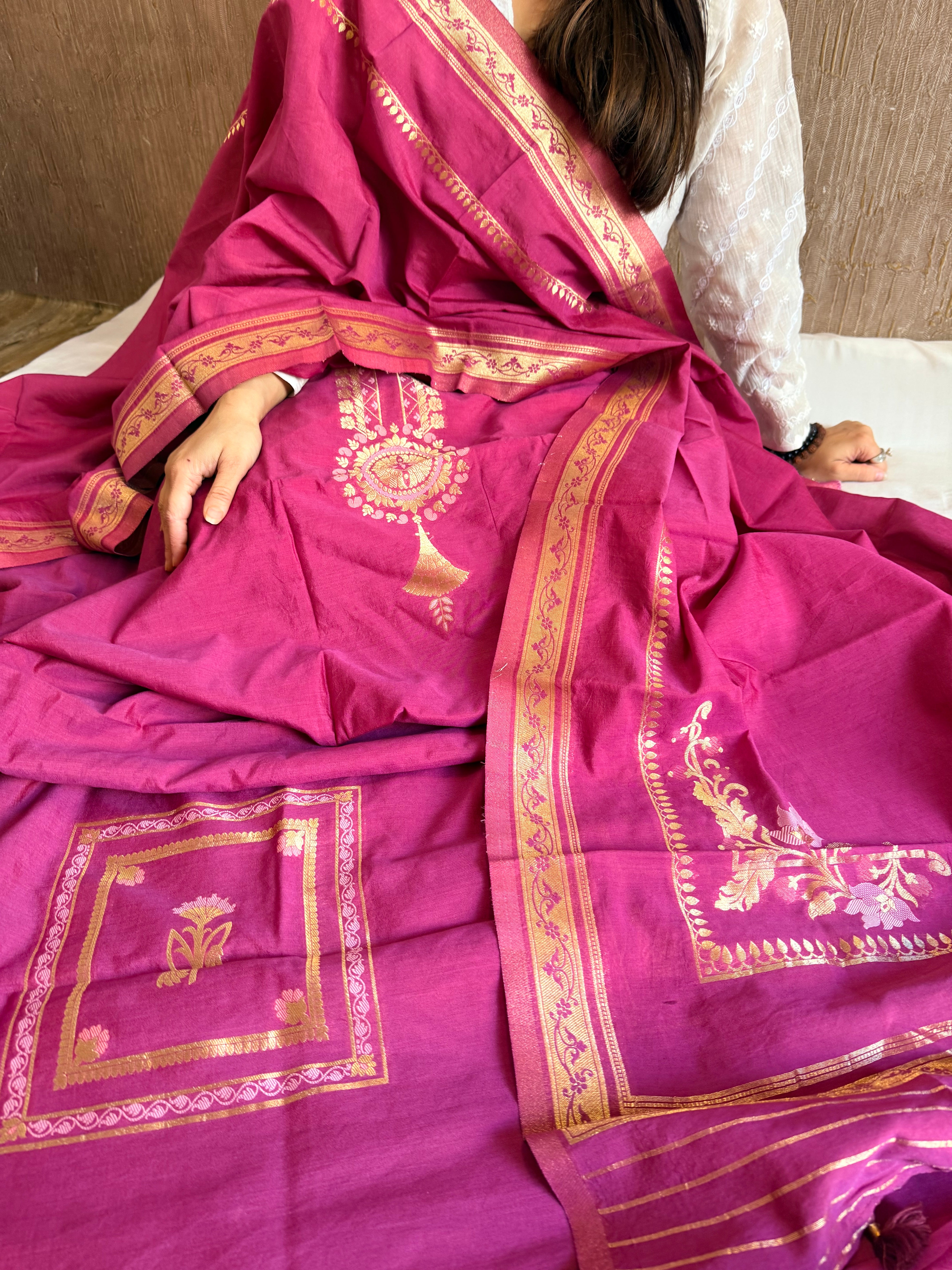 Below 10k - Mughal design inspired cotton silk banarasi suit set
