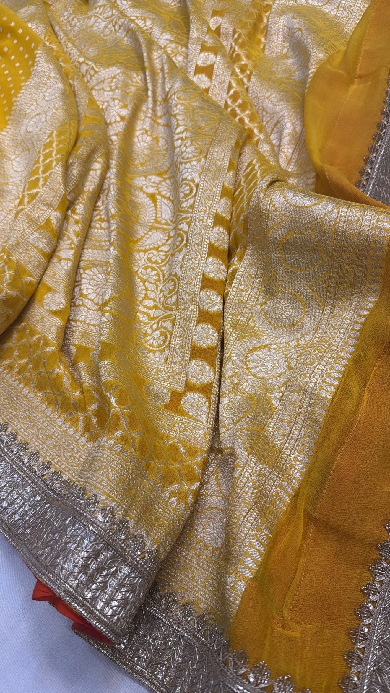 Mango yellow khaddi gorgette kohniya buti pure Banarasi gotapatti saree