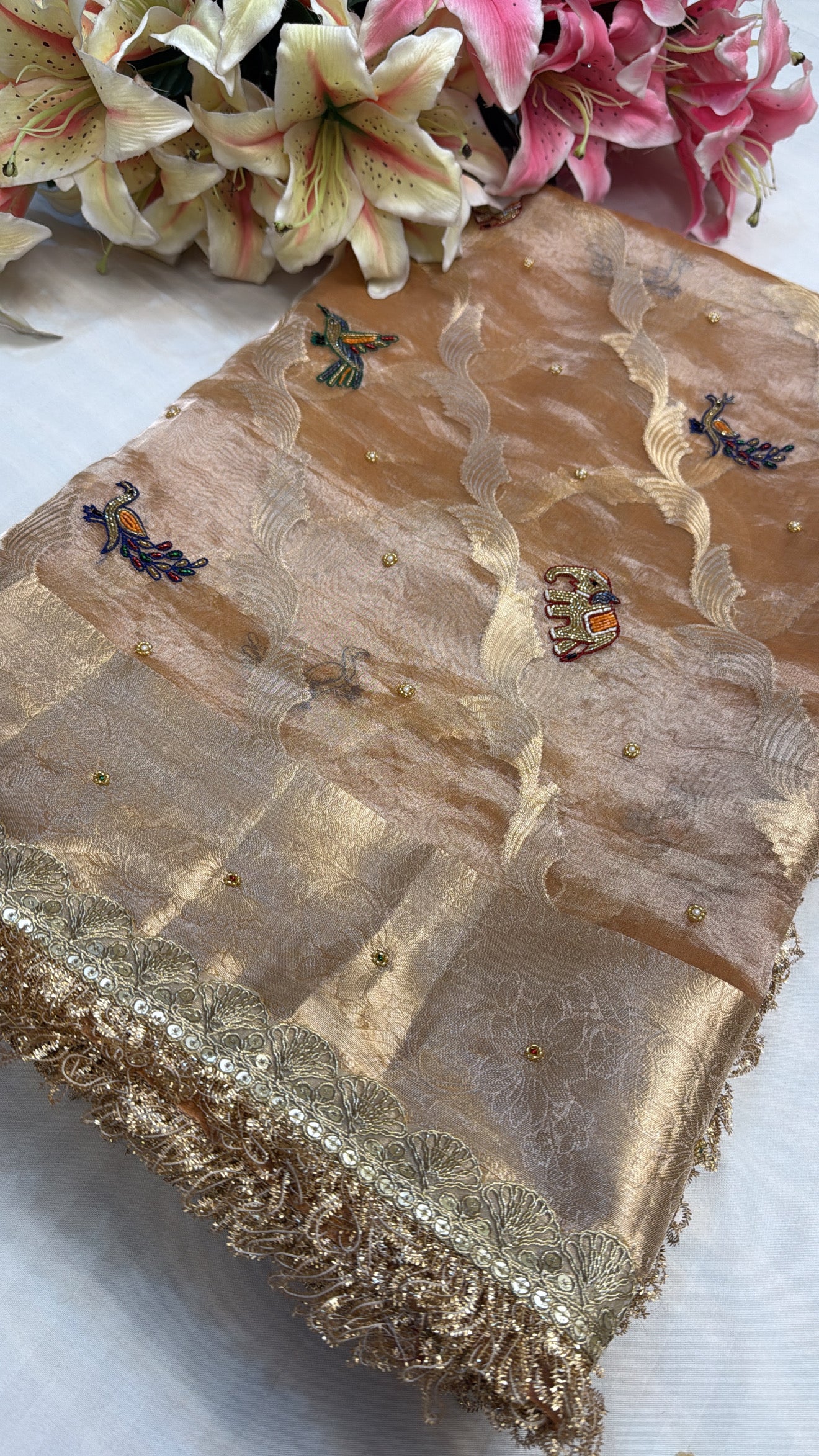 Tussar gold tissue silk hand embroidered kadhwa hand embroidered saree