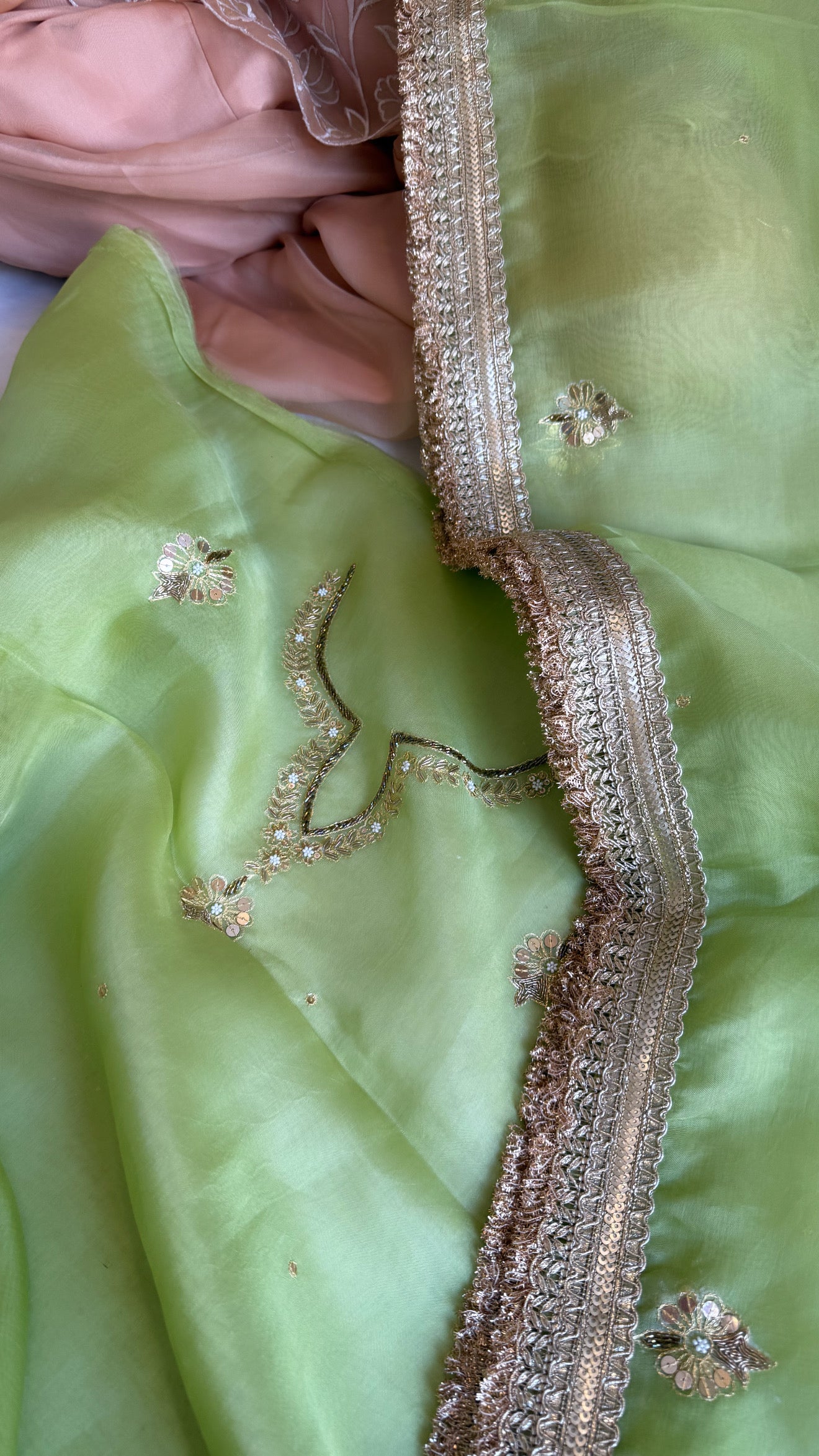 Aari and tilli kora silk hand embroidered grass green kadhwa suit set