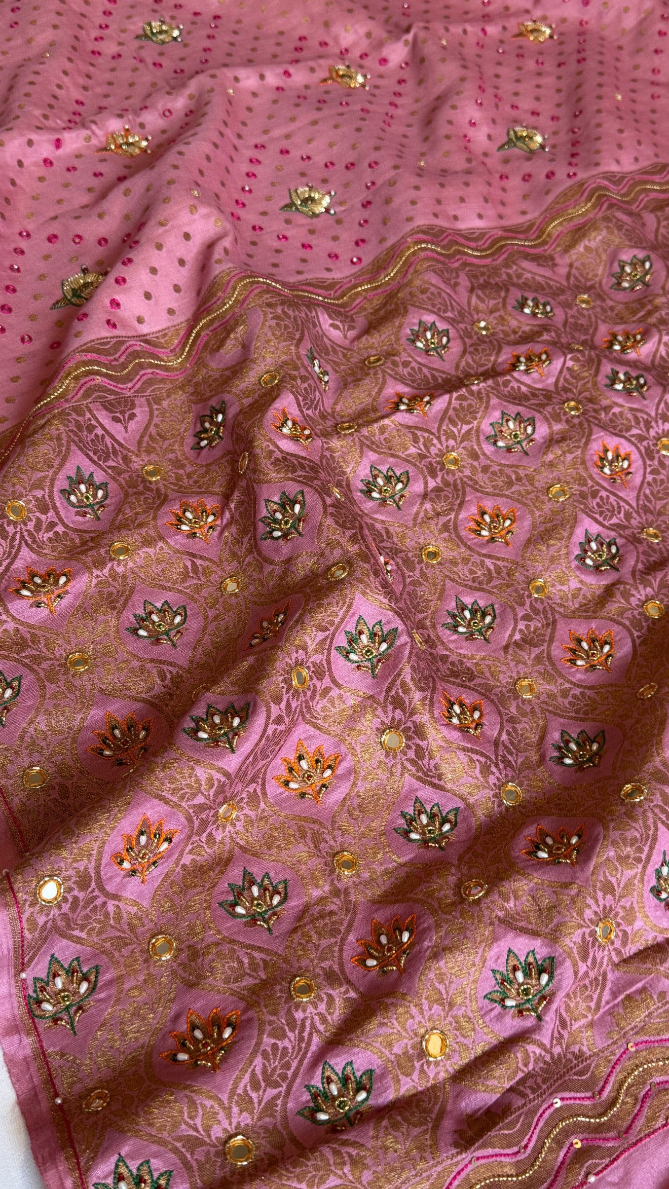 Strawberry pink moonga tussar antique zari hand embroidered kadhwa saree