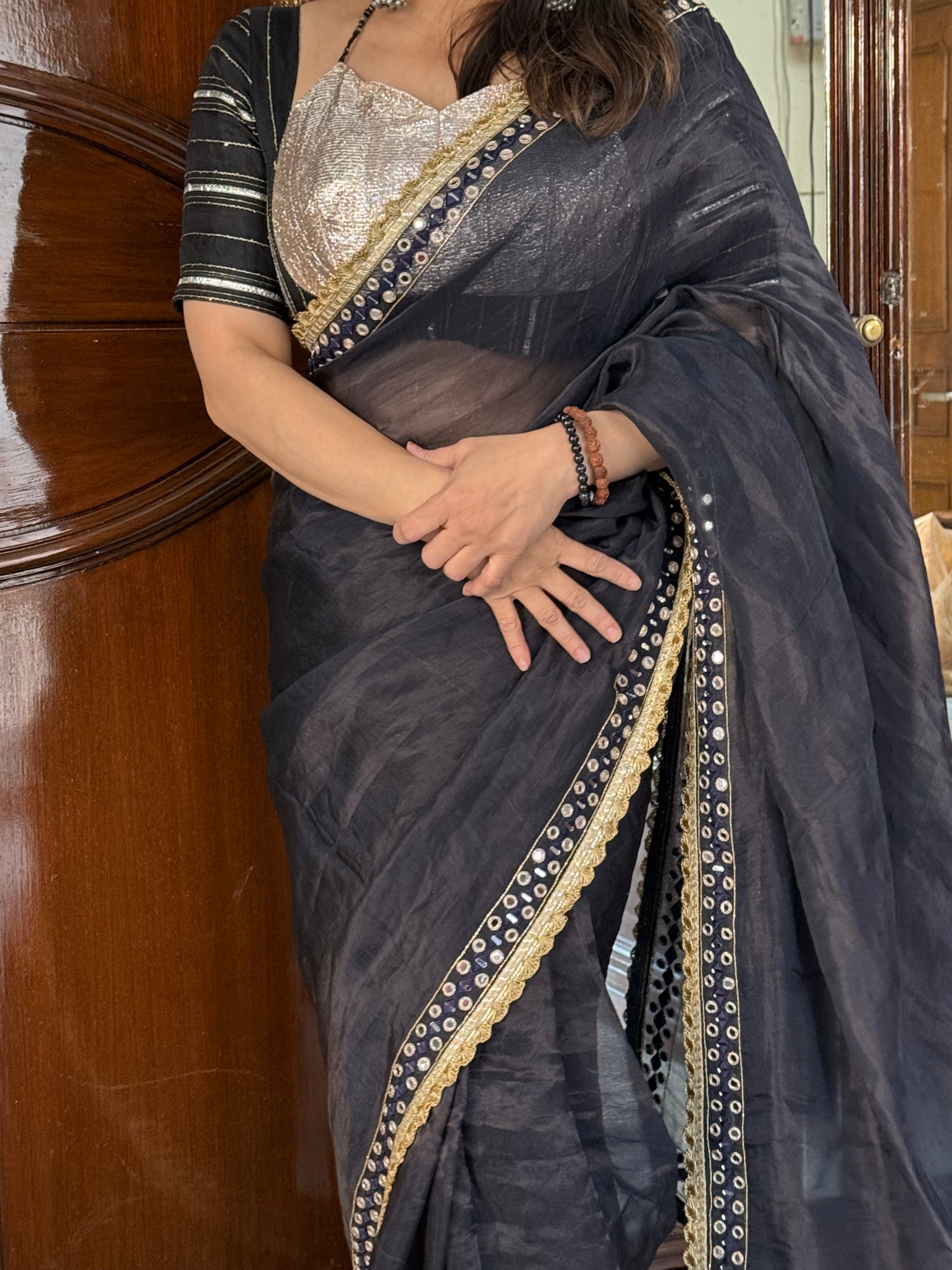 Mirror work midnight blue tissue silk hand embroidered kadhwa saree