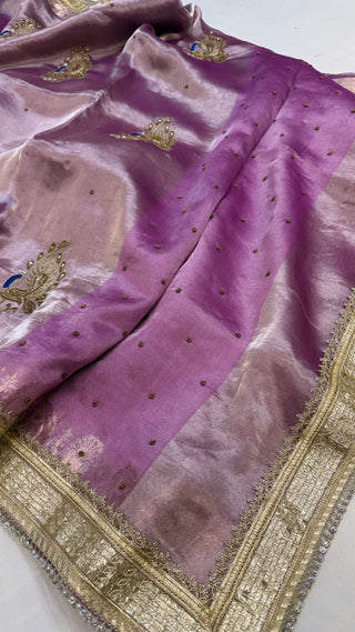 Baarat wali saree - Blush lavender husn tissue silk peacock motif hand embroidered saree