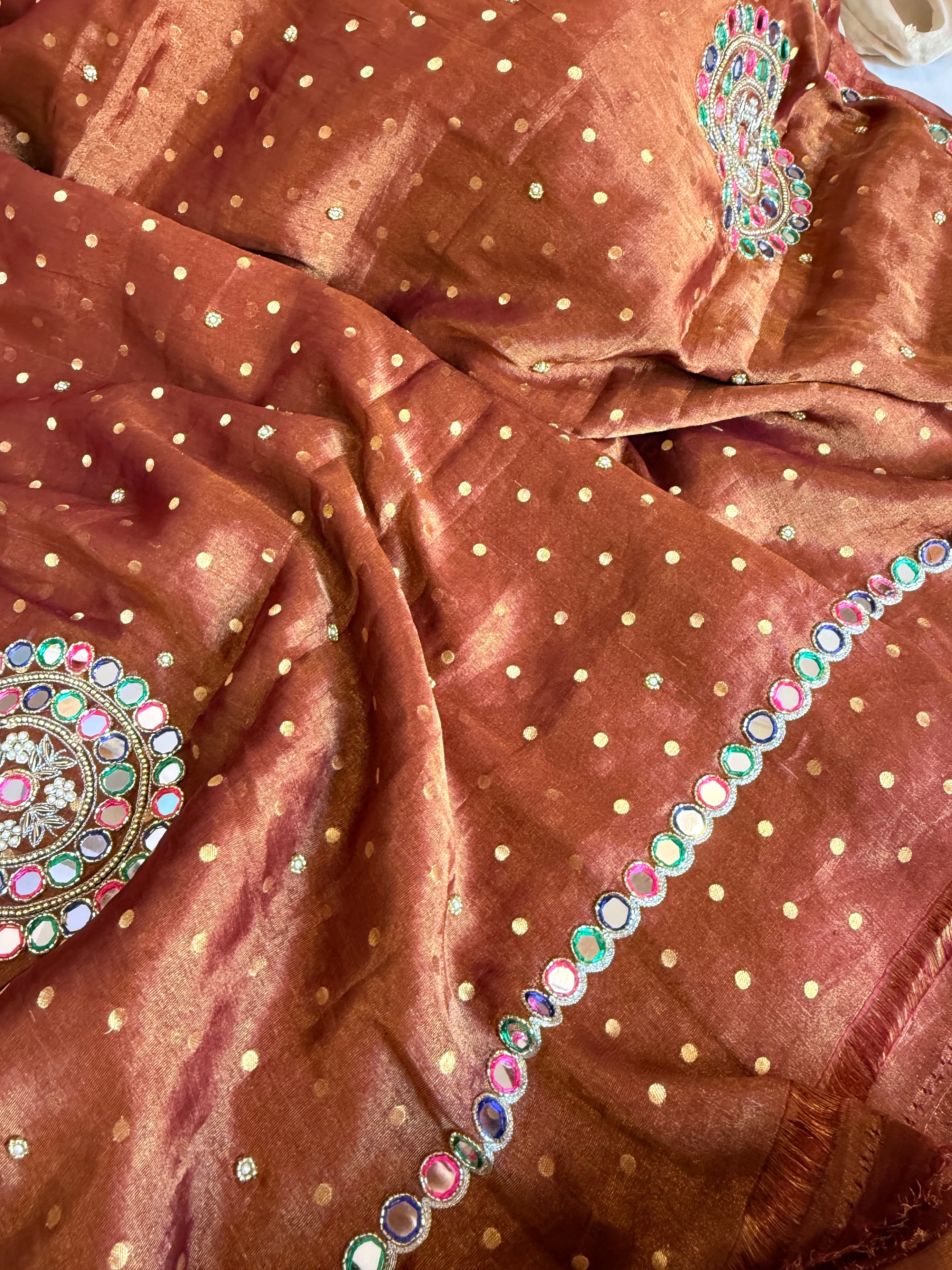 Coffee brown tissue gorgette meenakari mirror work kadhwa banarasi saree