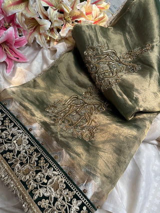 सुनहरा घोड़ा-  Royal horse motif tissue silk mint green hand embroidered saree