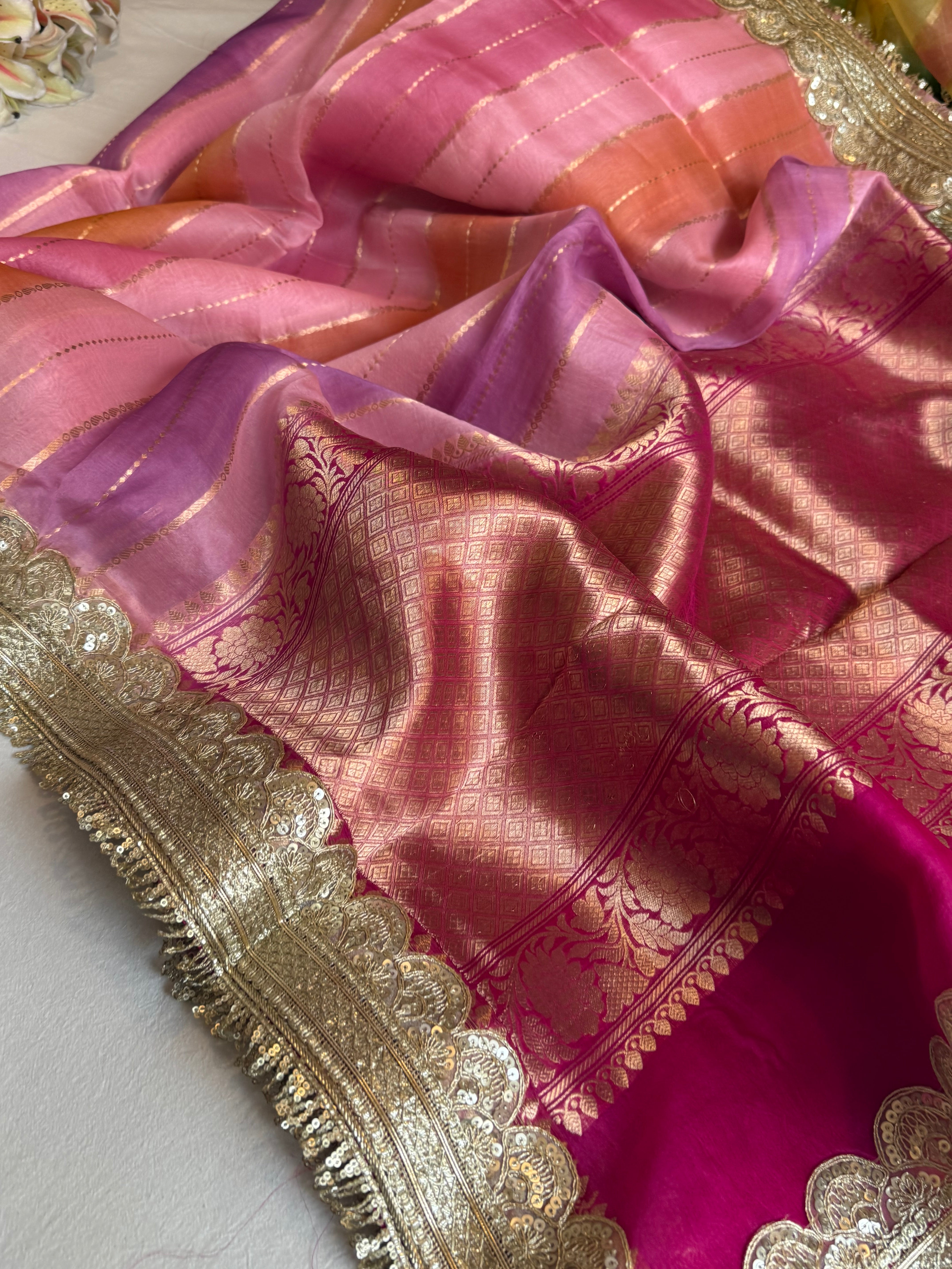 Rangeela kora silk striped kadhwa banarasi saree