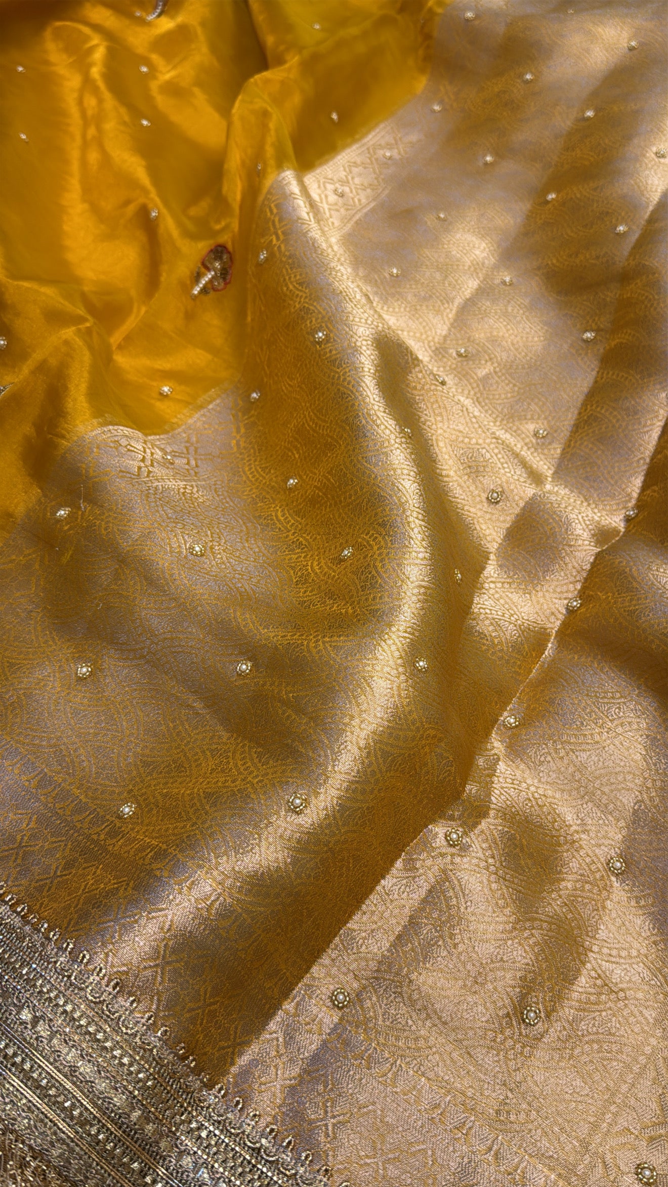 Haldi yellow husn tissue silk hand embroidered kadhwa saree