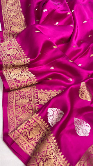 Hot pink mashru silk kadhwa buti saree