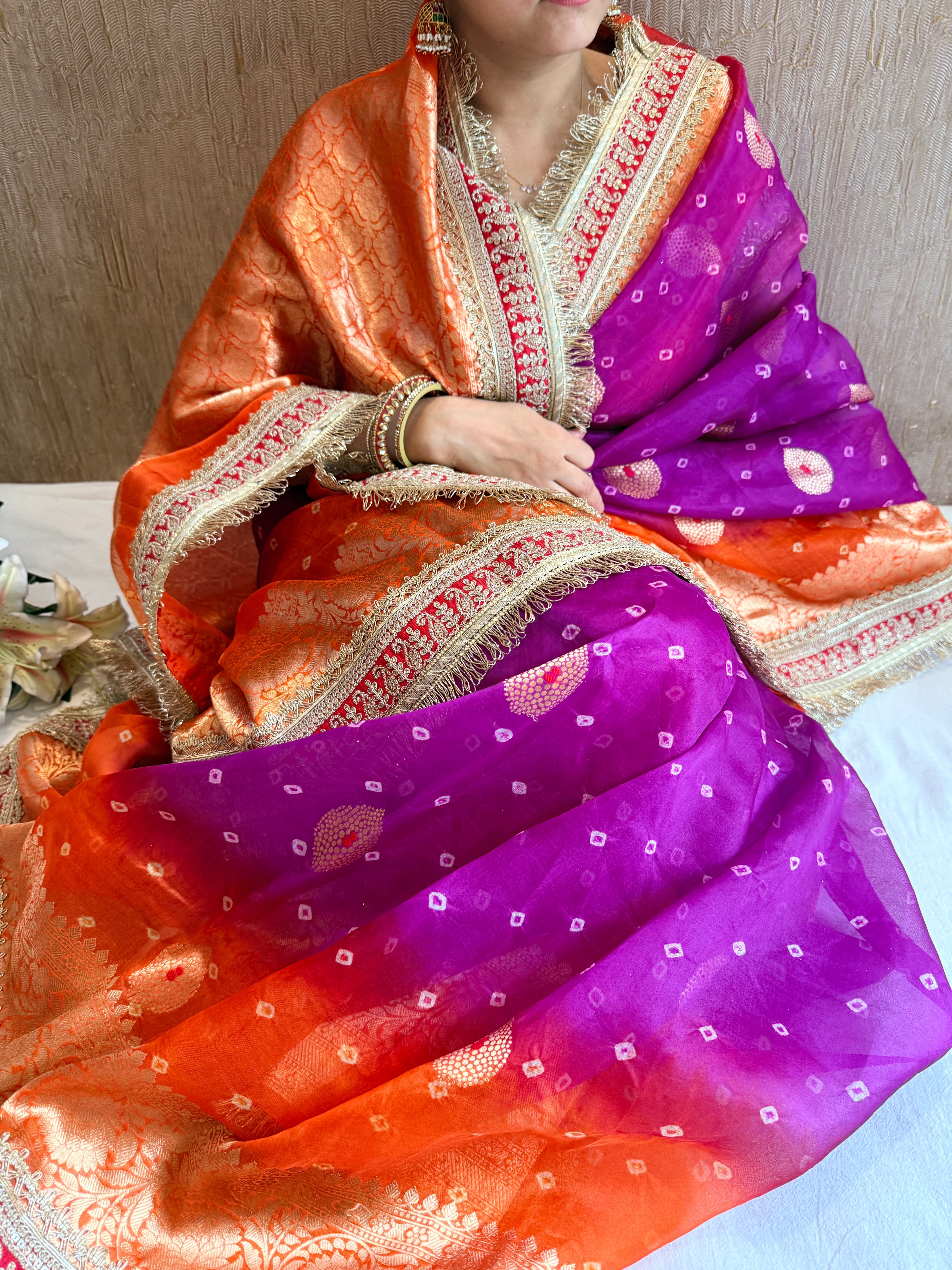 Mayra wali saree - Kora silk bandhej work meenakari gotapatti saree