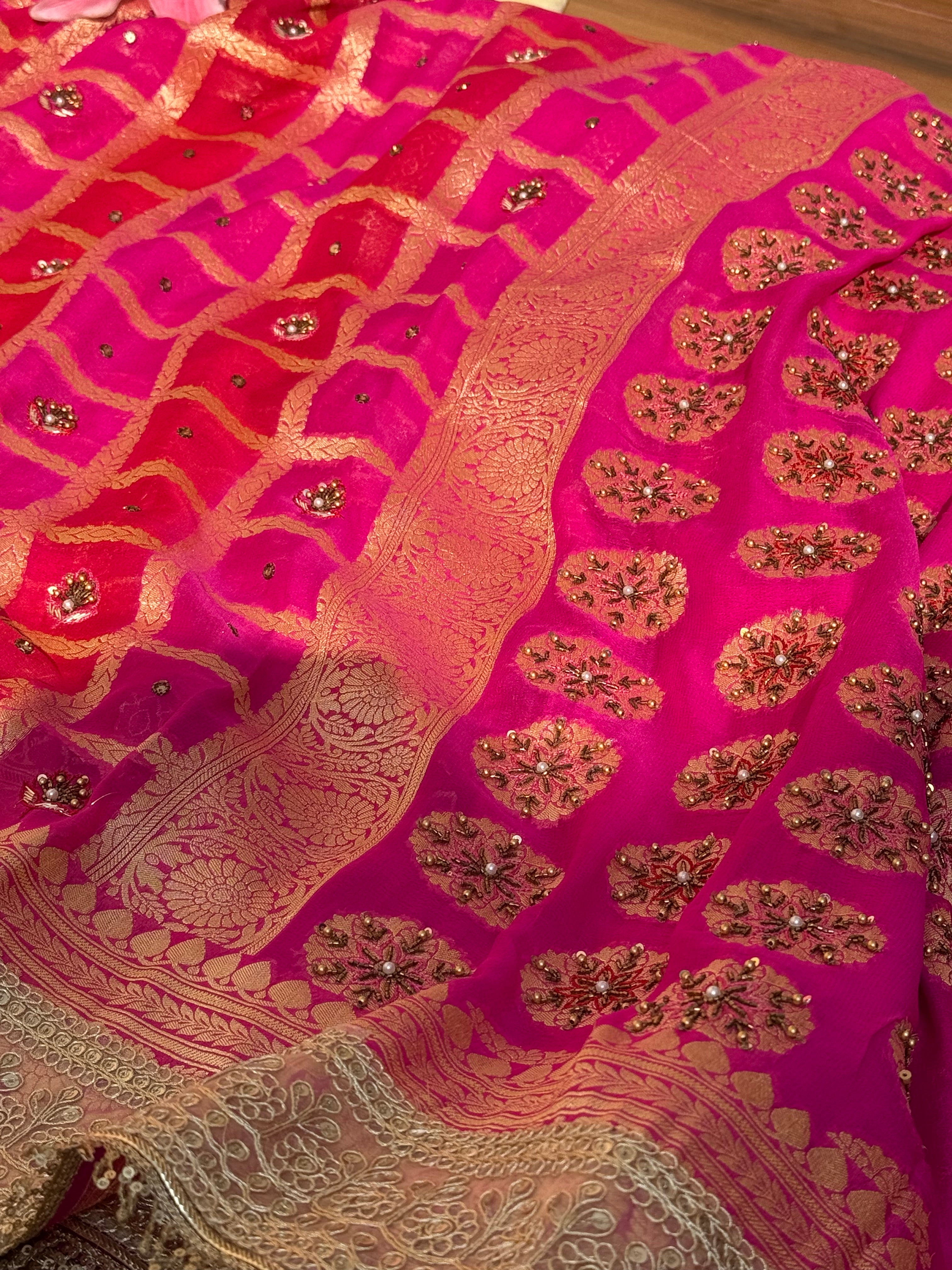 Grah pravesh wali saree - Red rani rangkaat hand embroidered chiffon gorgette kadhwa saree