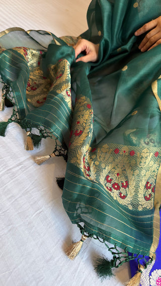 Banarasi chiniya silk green-blue contrast kadhwa suit set