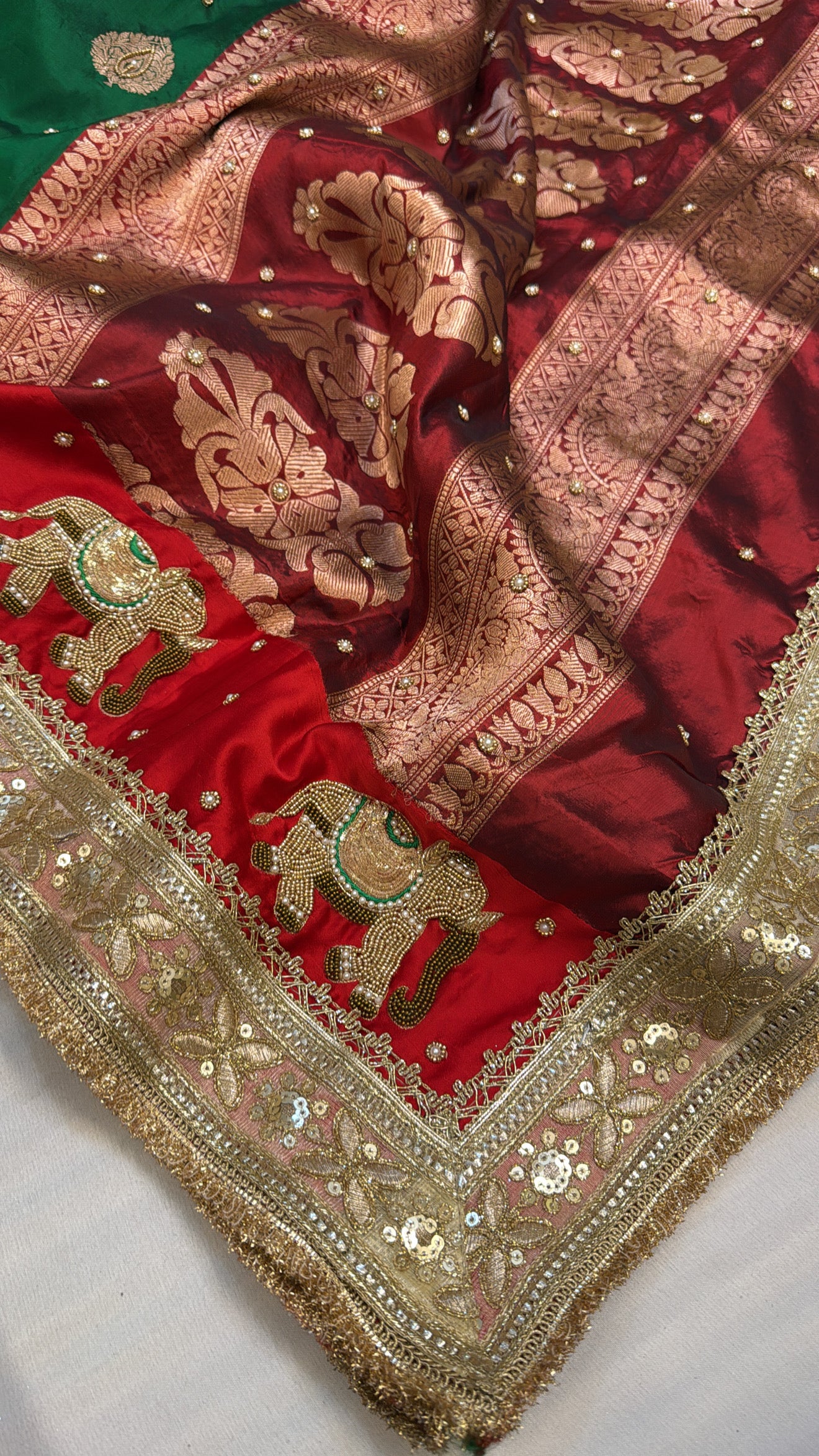 Mashru satin silk saree with contrast border and hand embroidery