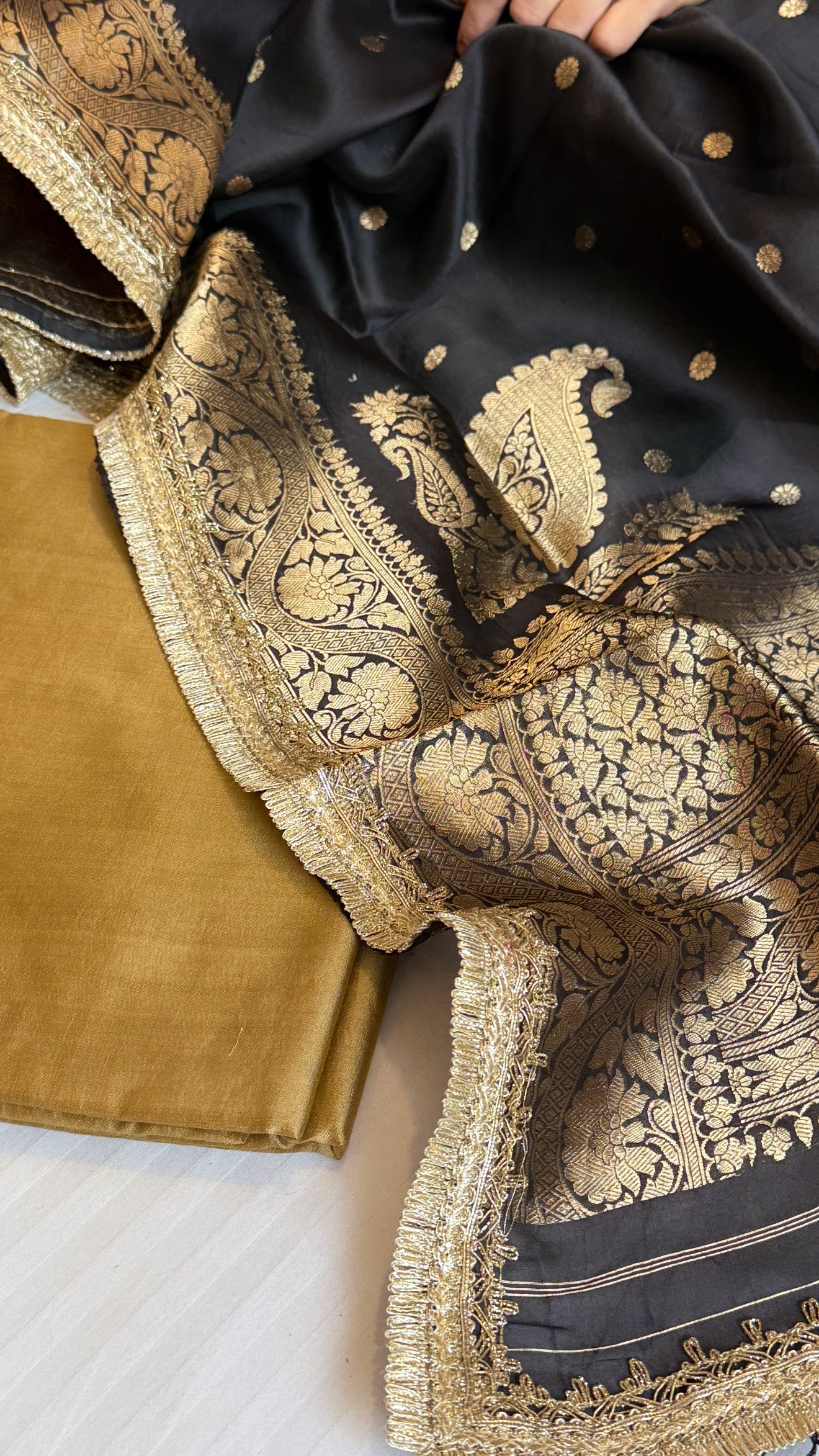 Banarasi olive-gold black combination kohniya buti silk suit sets