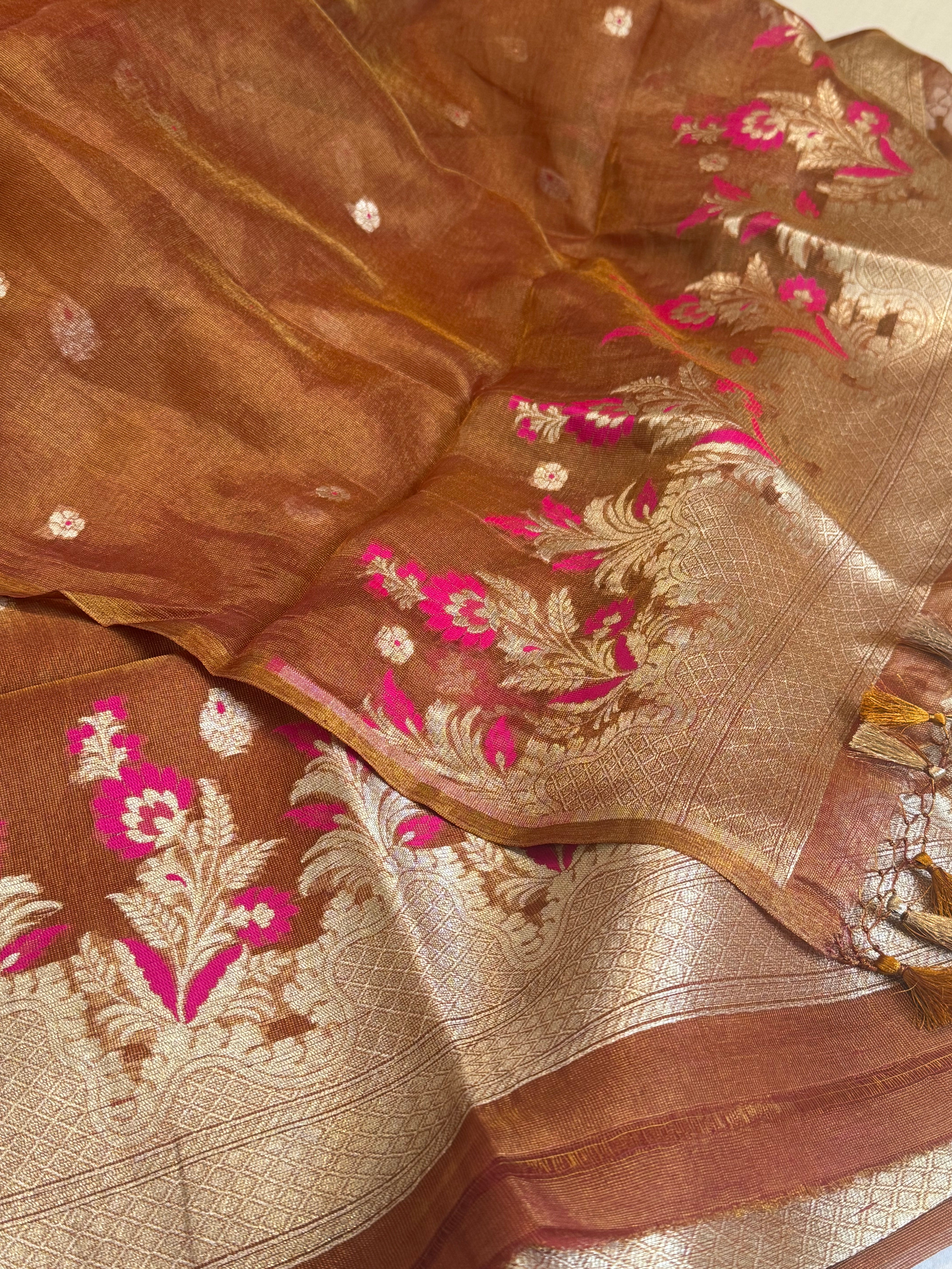 Linen tissue soft orange meenakari kadhwa suit set