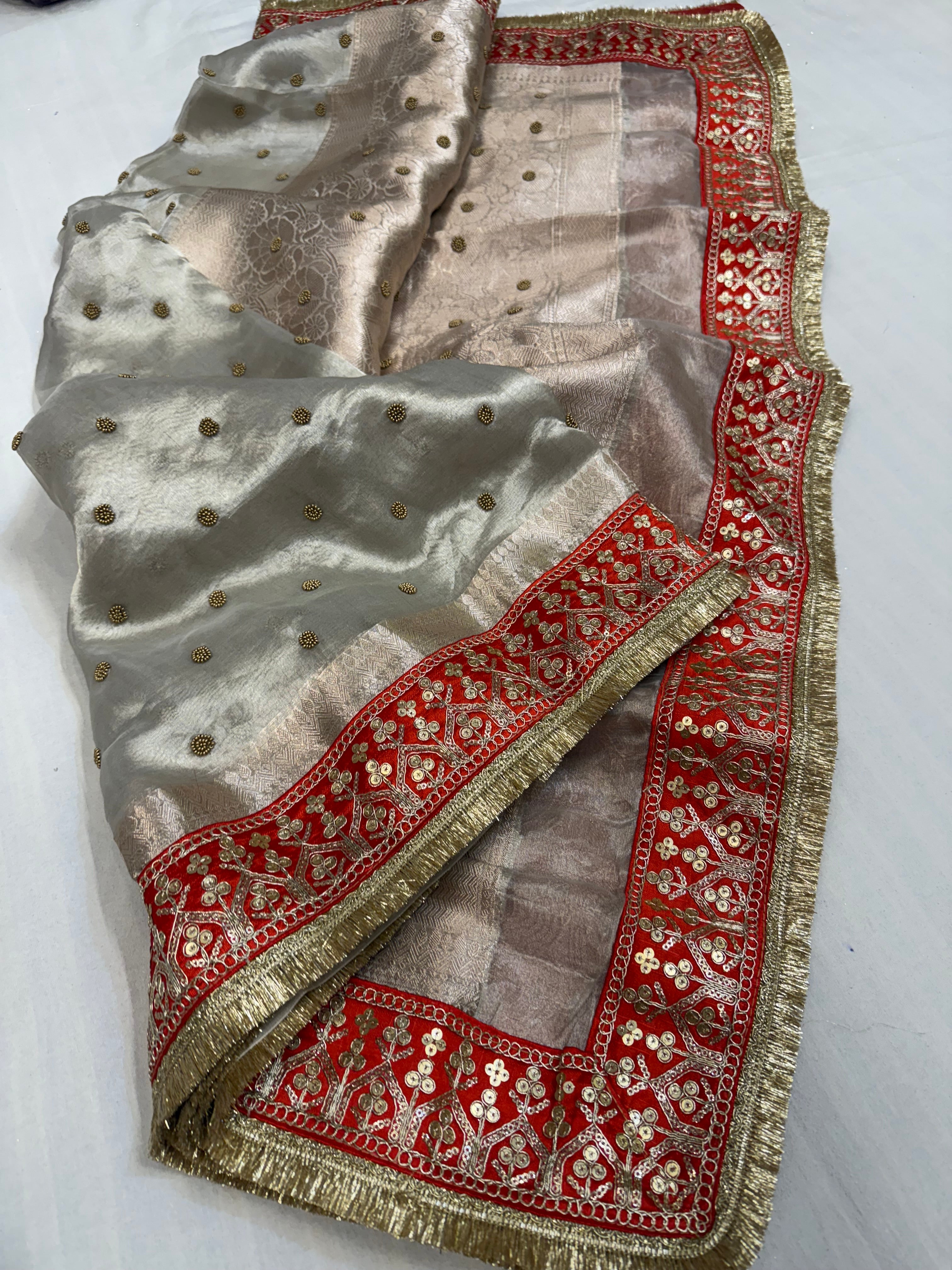 Diamond tissue silk chunri buti hand embroidered panetar saree