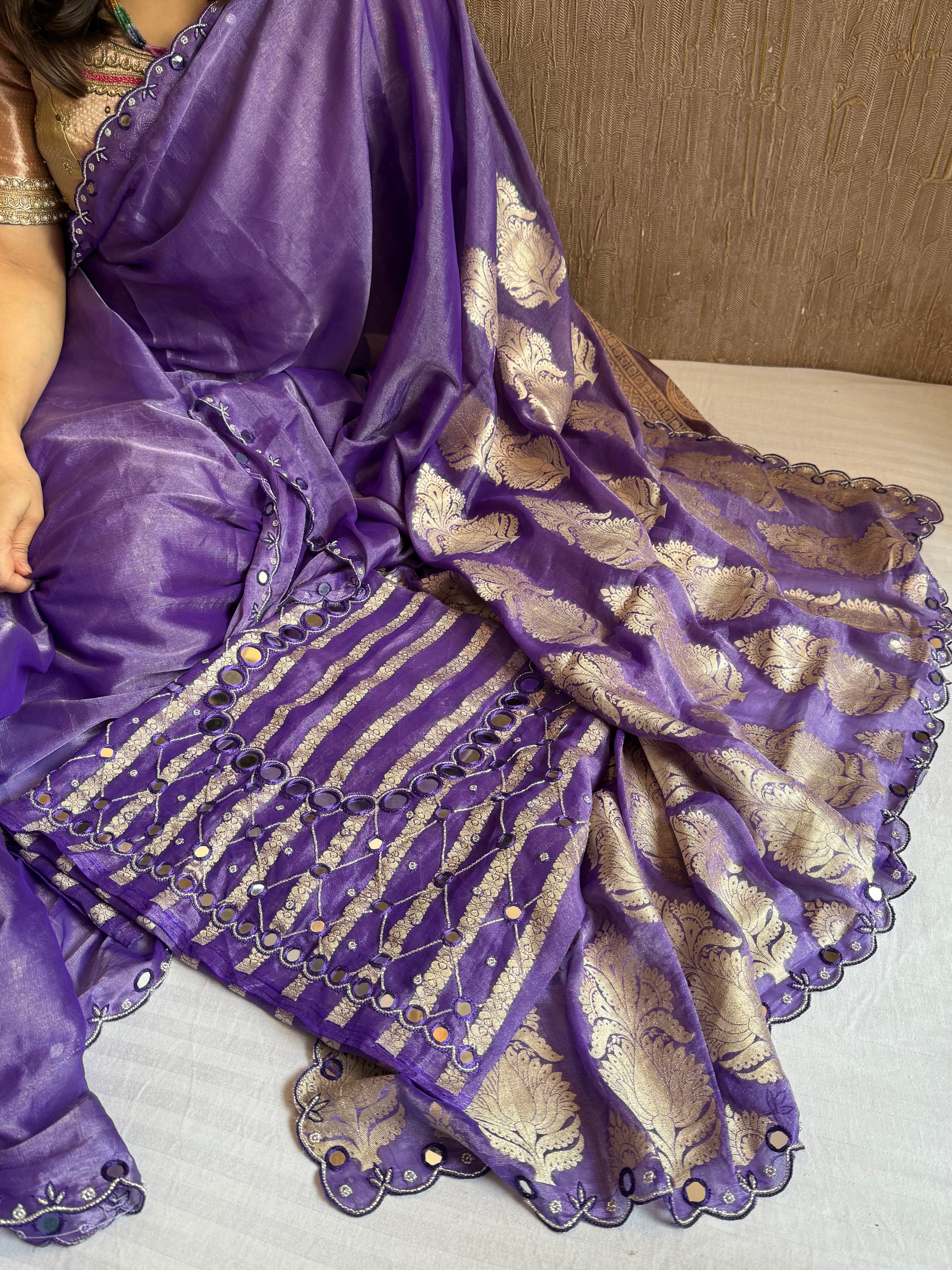 Bright royal purple tissue gorgette kadhwa mirror work hand embroidered saree