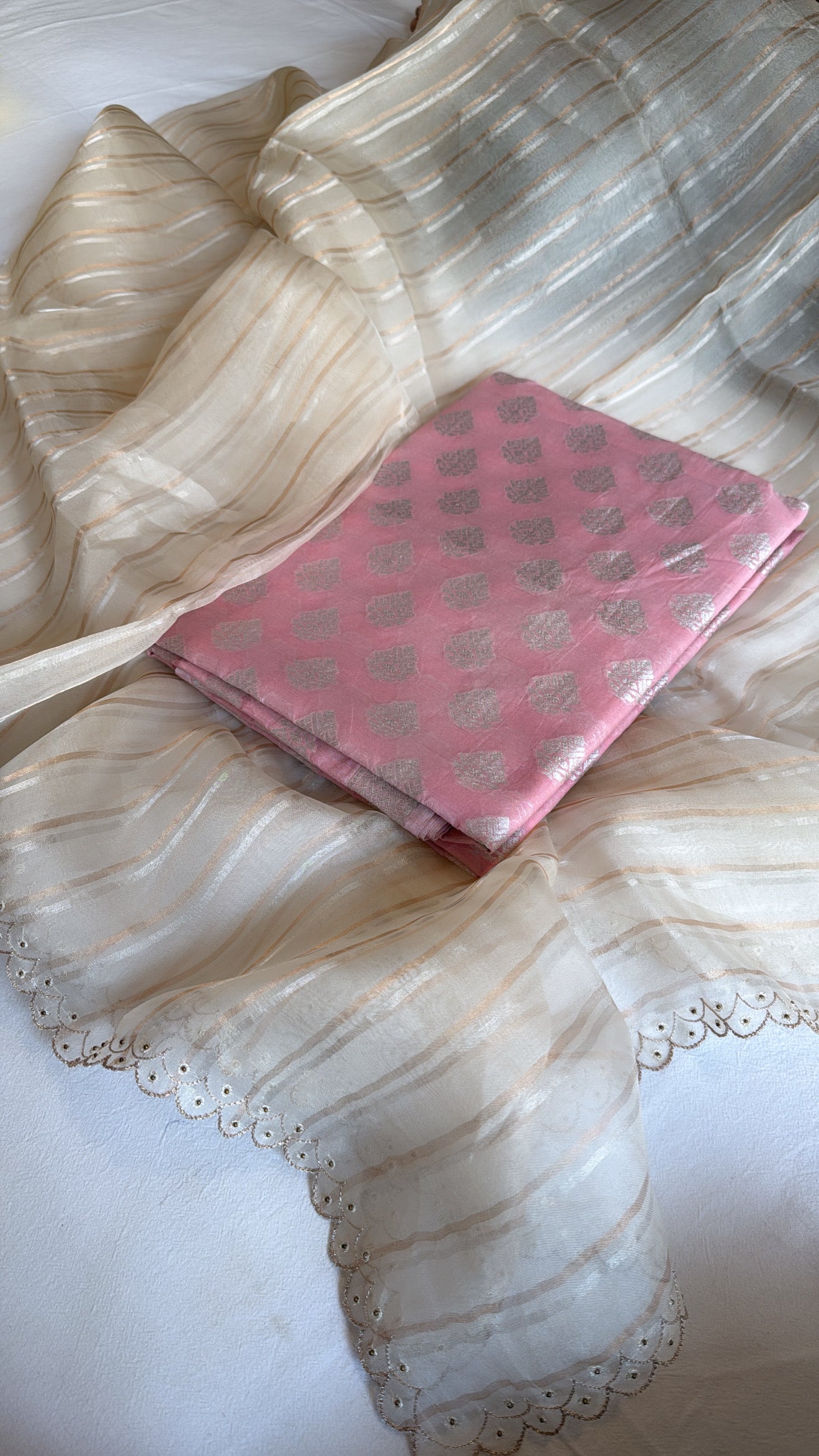 Banarasi handloom cotton kadhwa buti kurta paired with kora silk striped scalloped hand embroidered duppata set