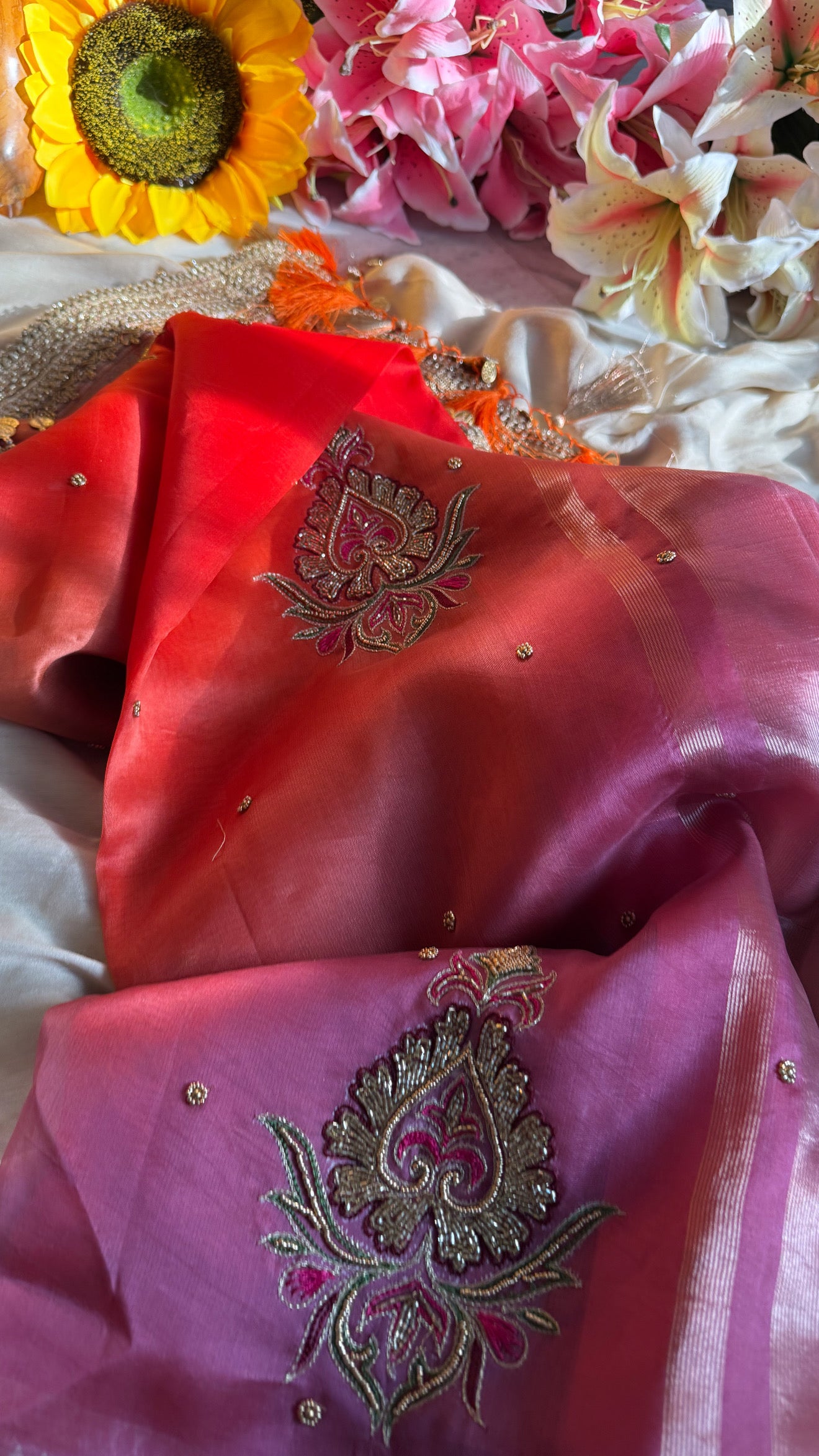 Dulhan ka pitara - Shades of chuski orange tissue silk hand embroidered saree