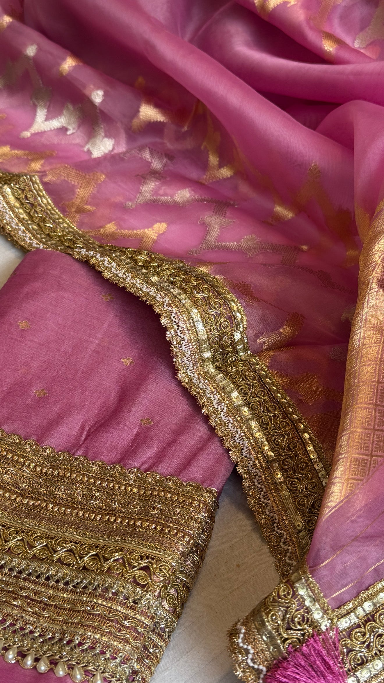 Banarasi kora silk kadhwa buti gotapatti suit set