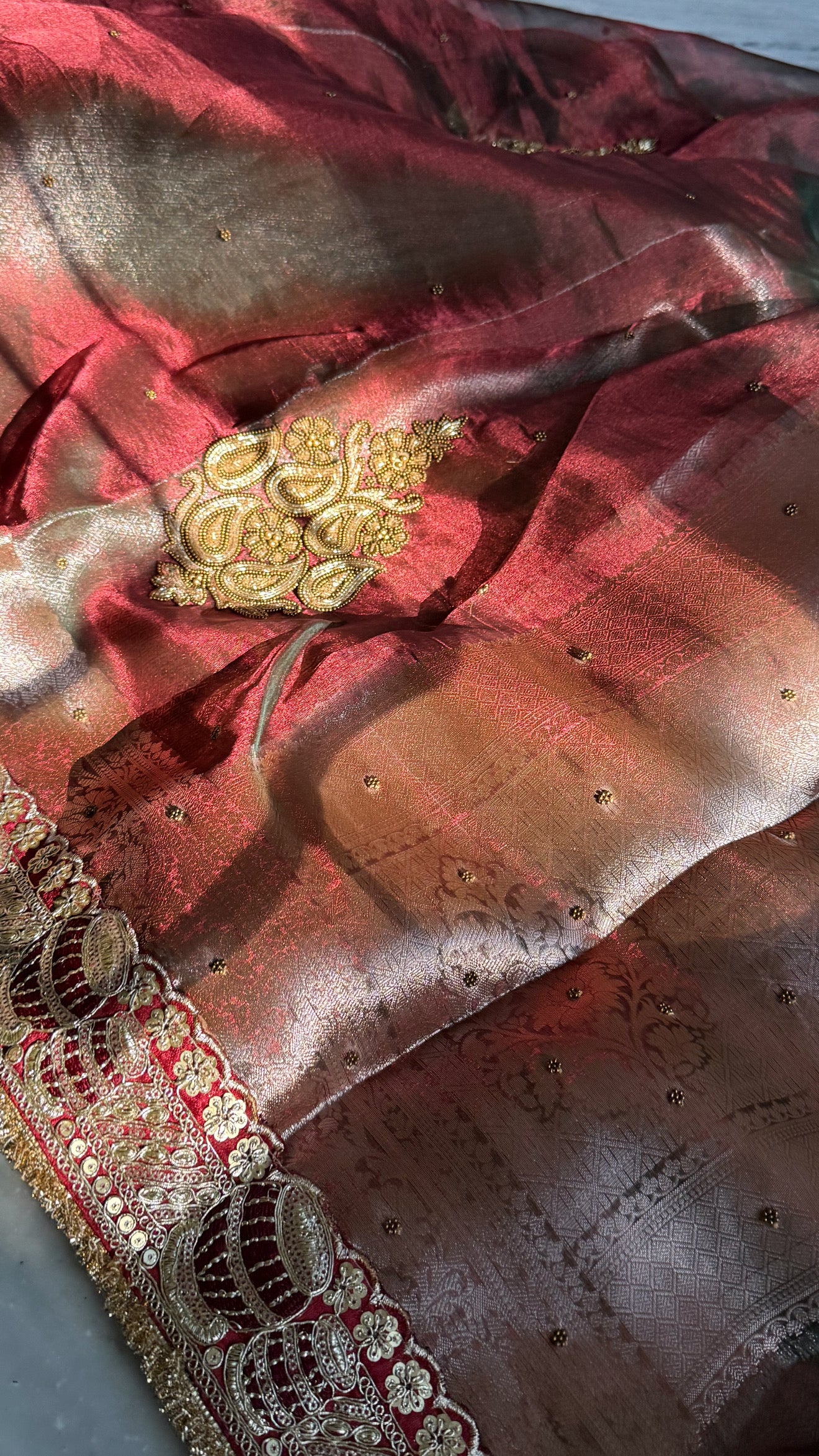 Teej special - Maroonish dhup chao red tissue silk hand embroidered kadhwa saree