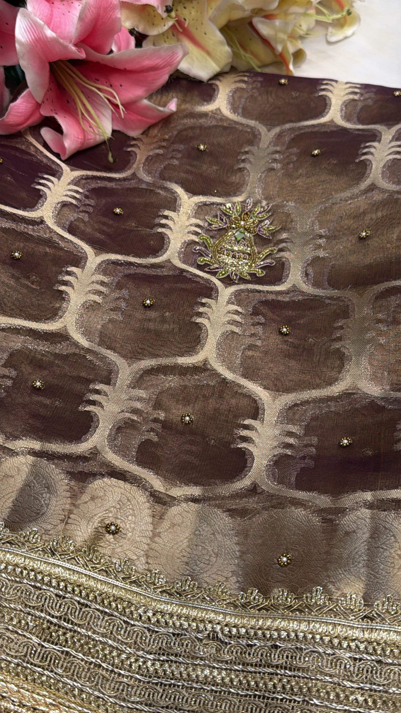 Wedding edit - Husn rose brown tissue silk kadhwa jungla hand embroidered saree