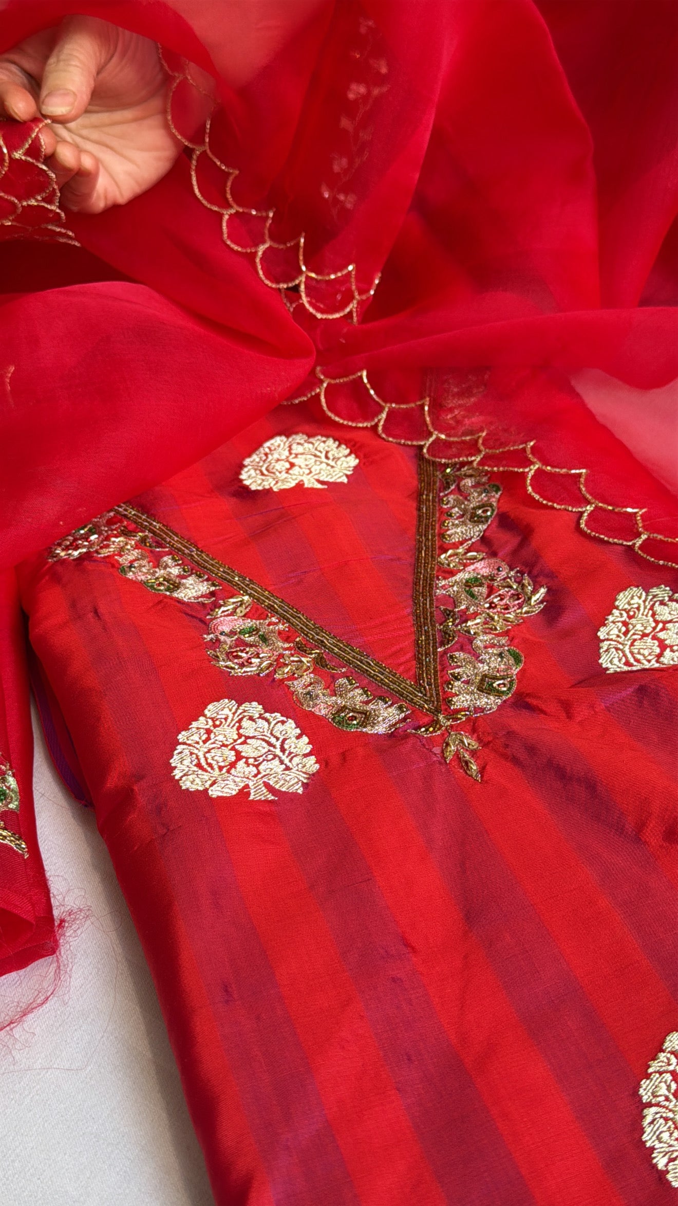 Blood red-cherry red dhup chao effect katan silk striped kurta paired with Kora silk scalloped duppata set