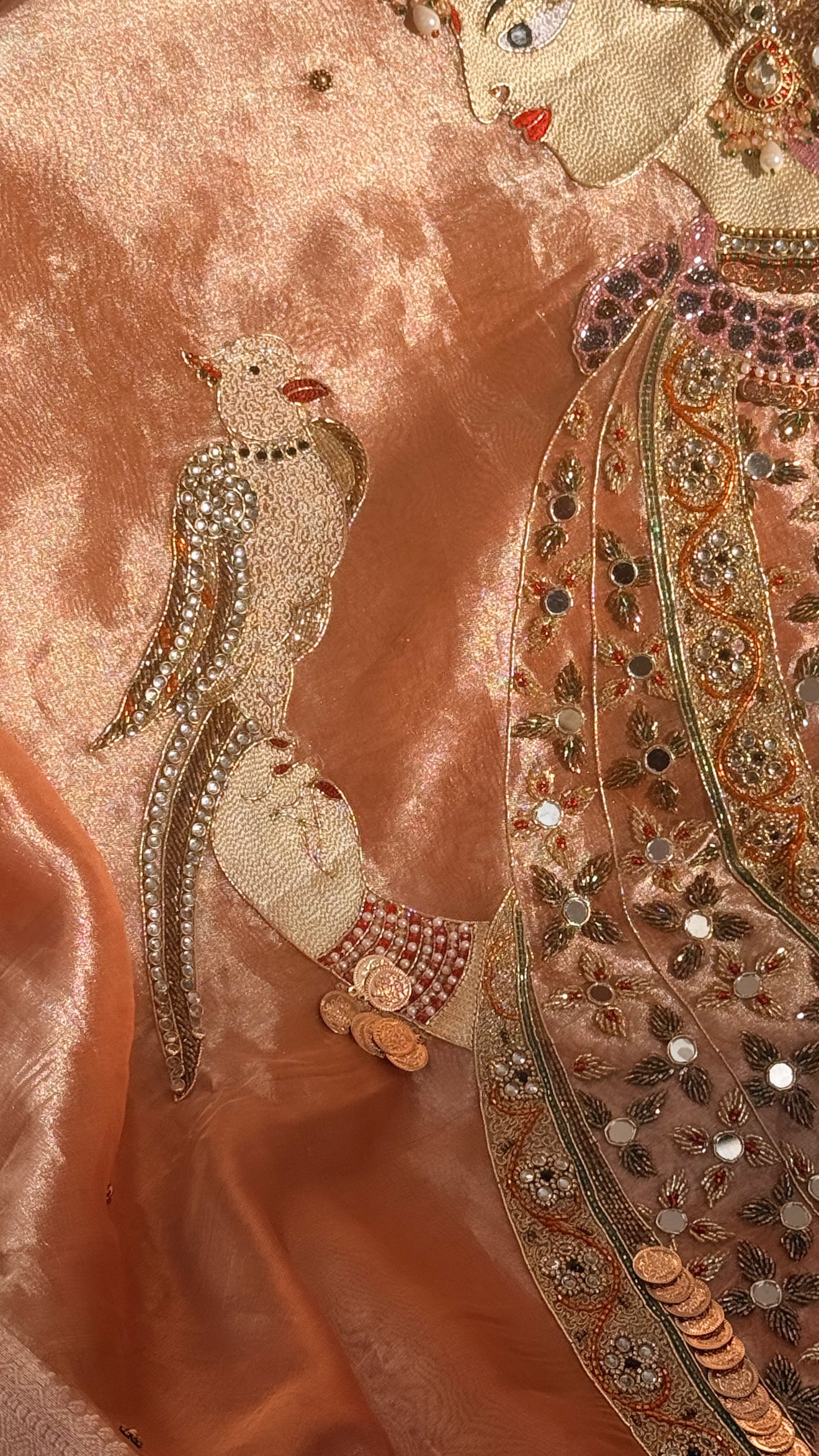 Heer saree with jadau necklace work hand embroidered tissue silk gajri peach saree