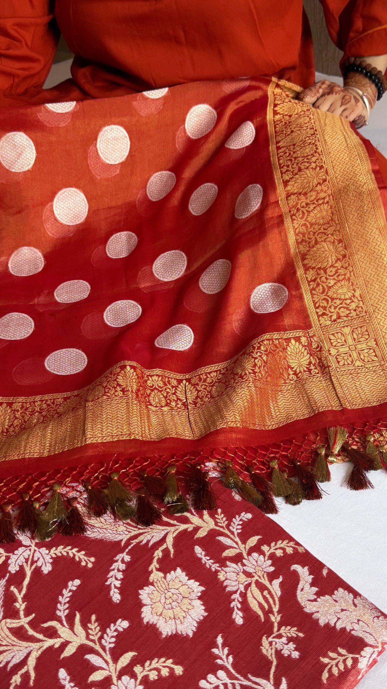 Rustic red tissue gorgette kadhwa sona rupa jungla suit set