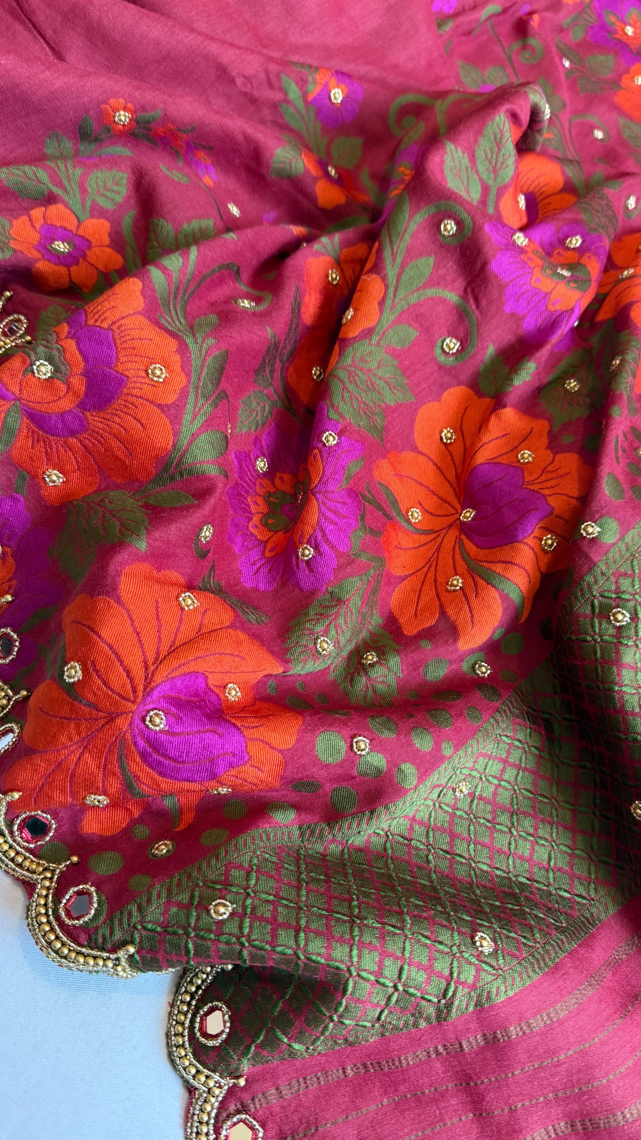 Moonga silk brick gajri pink resham work hand embroidered kadhwa saree