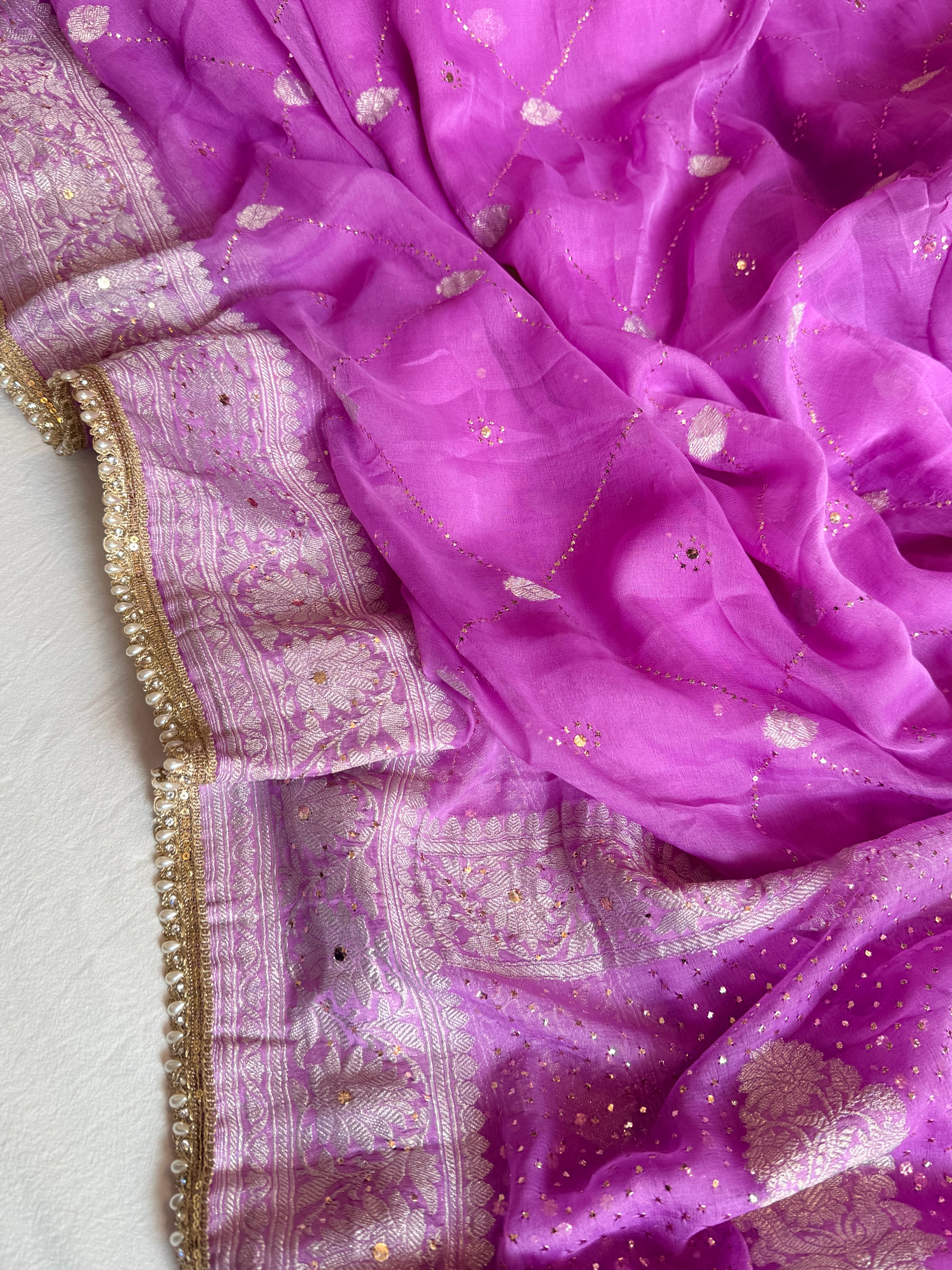 Chiffon gorgette banarasi violet mukaish work hand embroidered saree