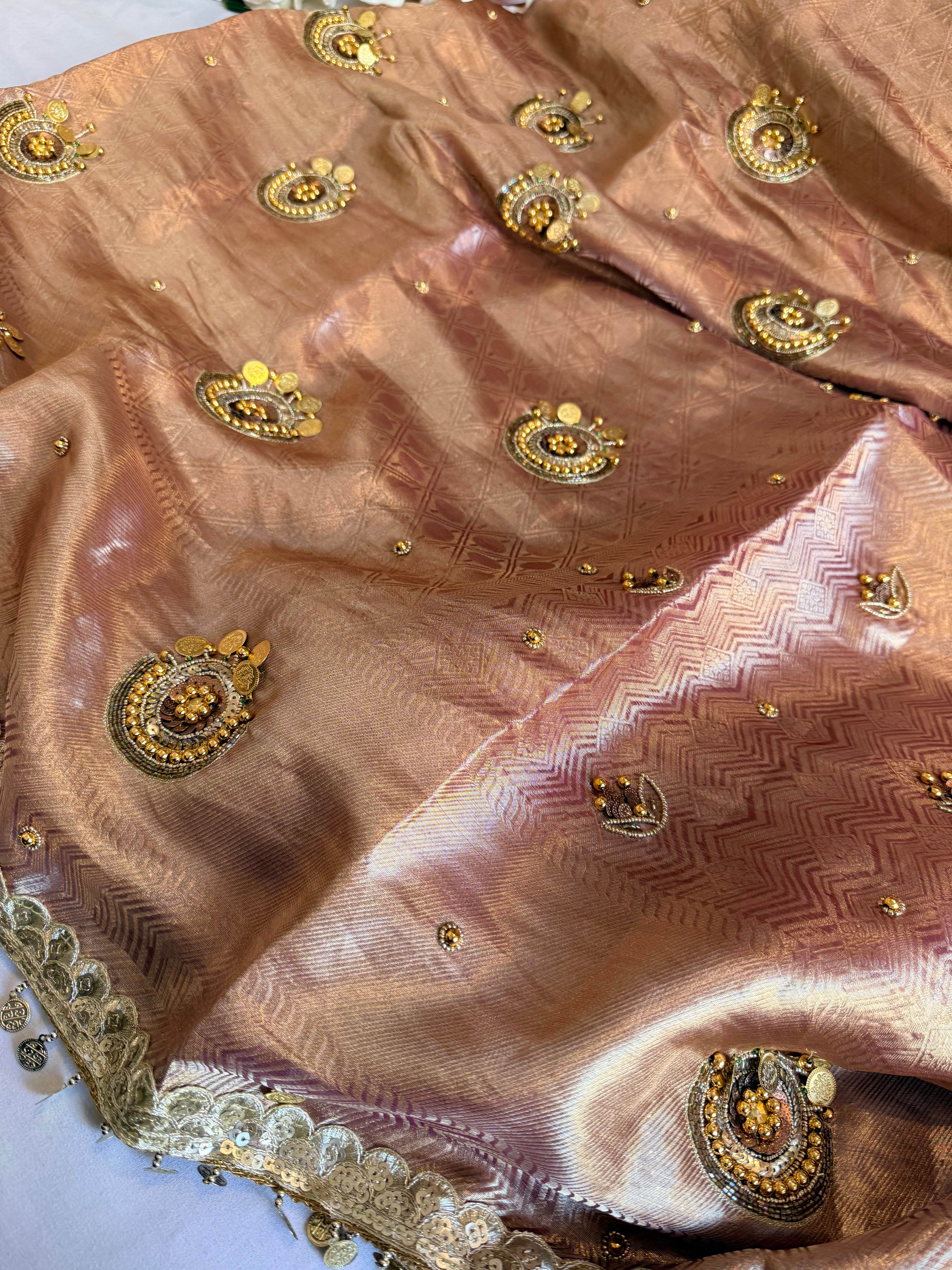 Banarasi tissue brocade jadau work hand embroidered kadhwa purple saree