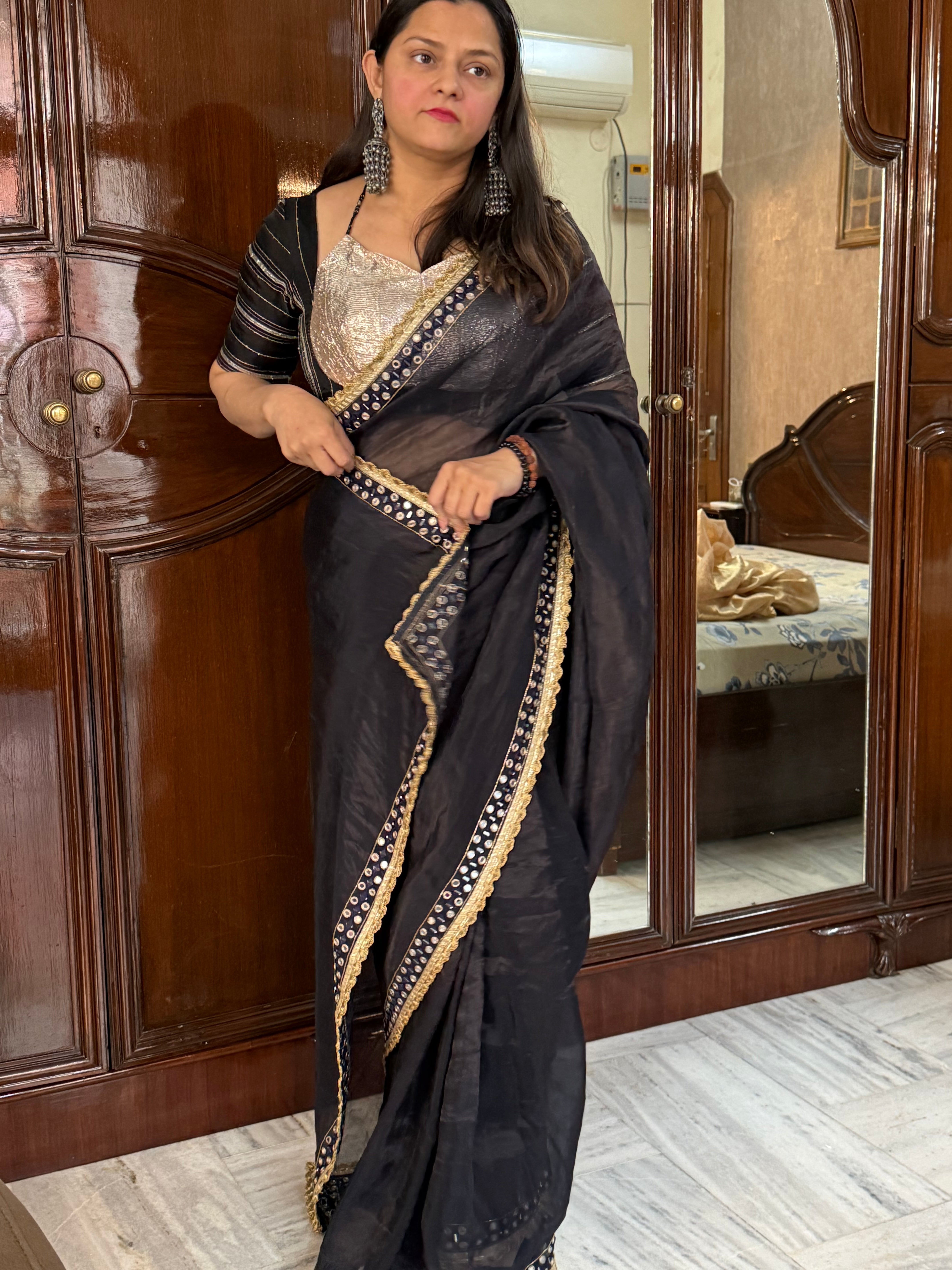 Mirror work midnight blue tissue silk hand embroidered kadhwa saree