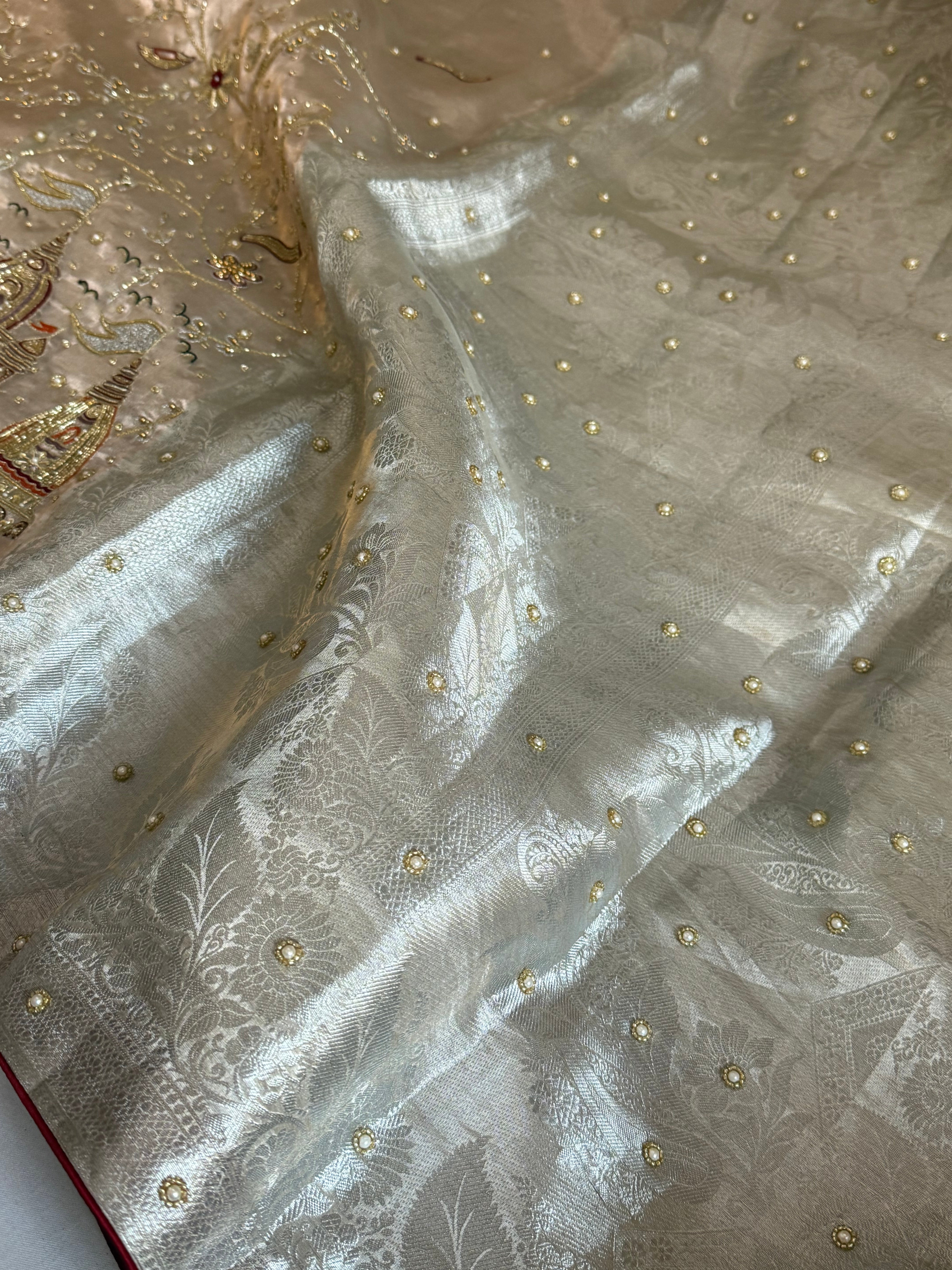 Aashirwad wali saree - tissue silk hand embroidered kadhwa saree in silver zari