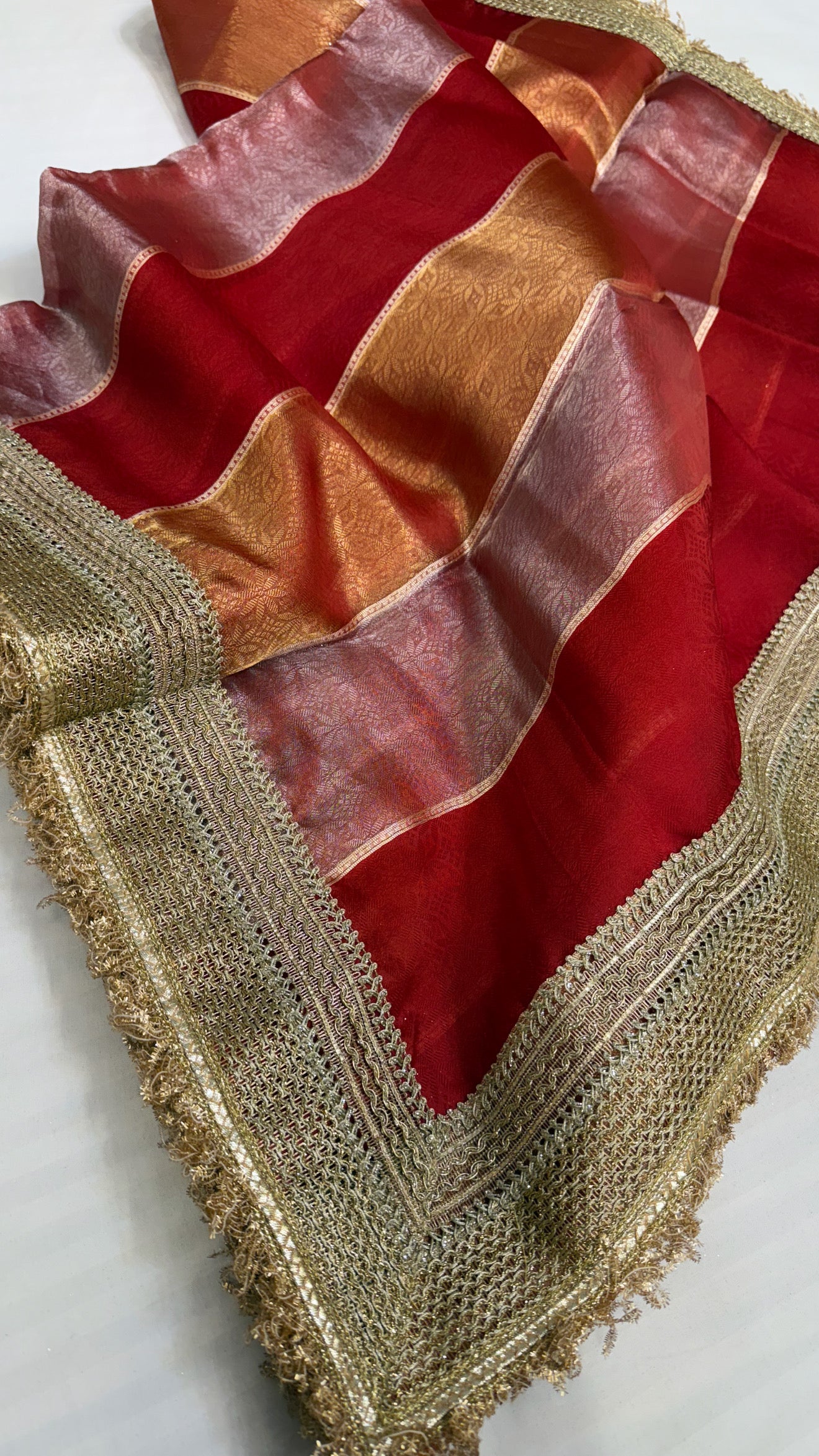 Maharani blood red tissue silk striped kadhwa saree