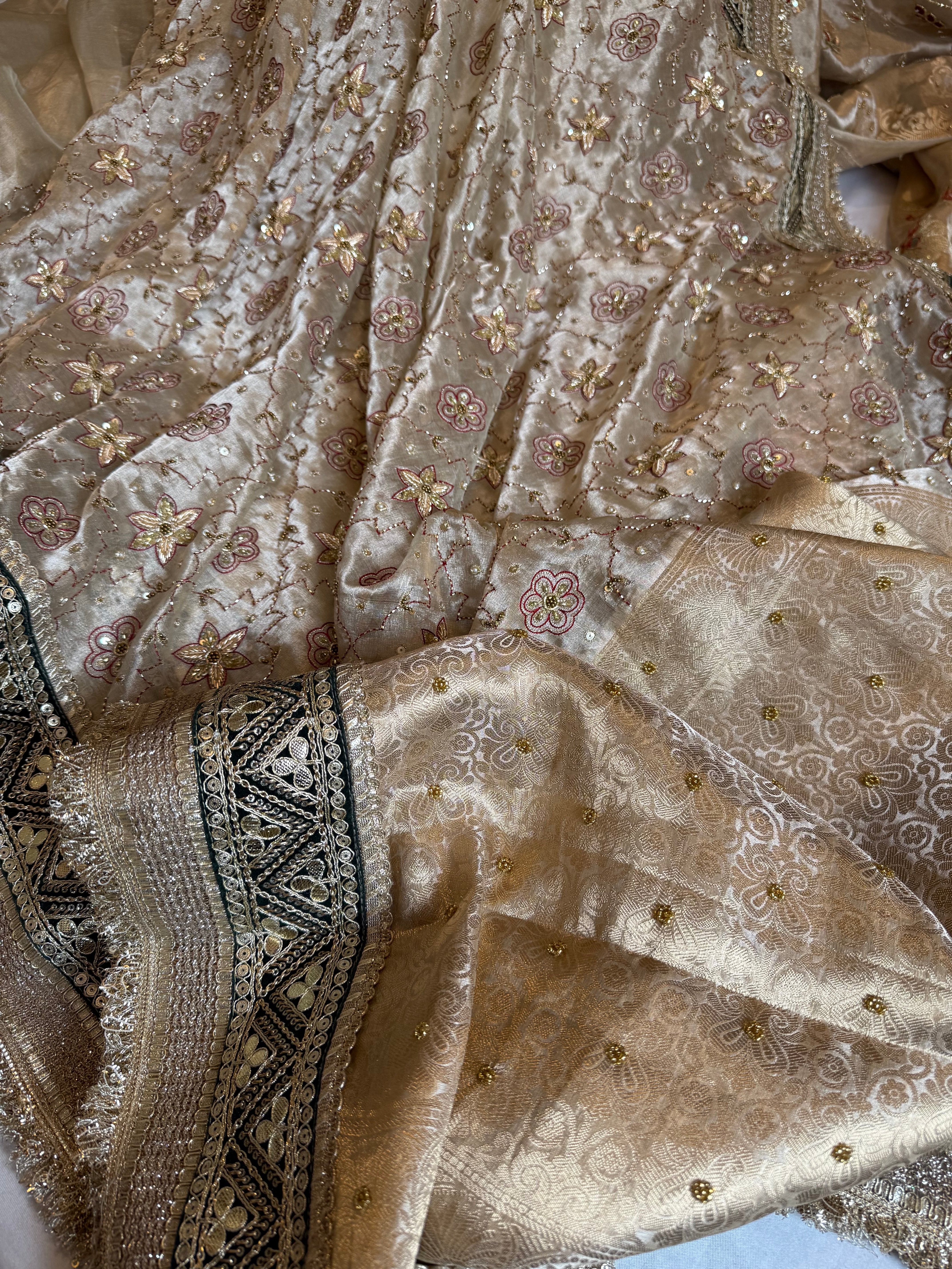 Kutchi inspired tissue silk hand embroidered heavy meenakari gharchola design saree