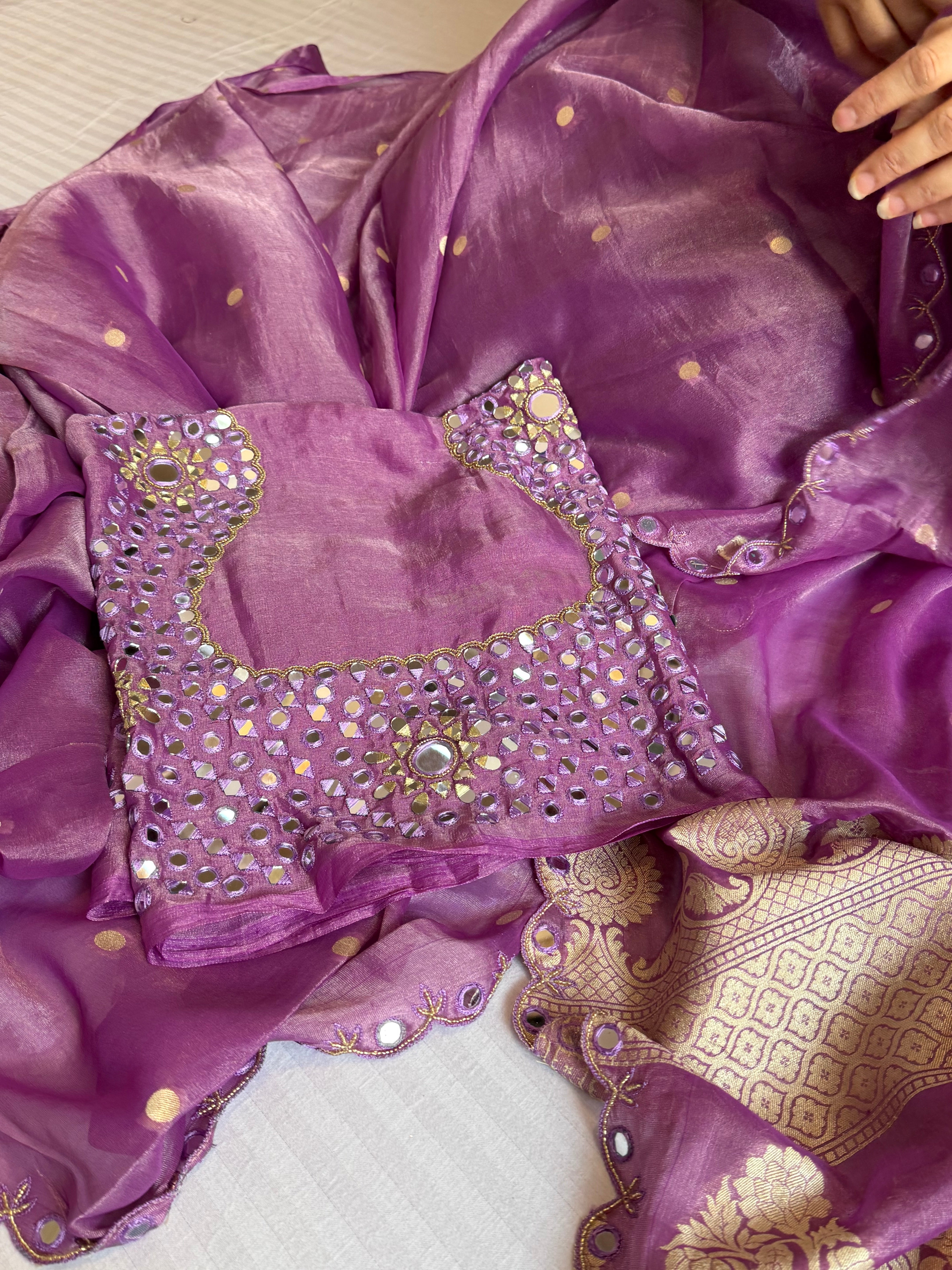 Deep purple tissue gorgette kadhwa hand embroidered saree