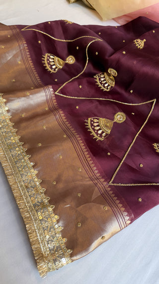 Dulhan ka pitara - caffeine maroonish kora silk hand embroidered saree