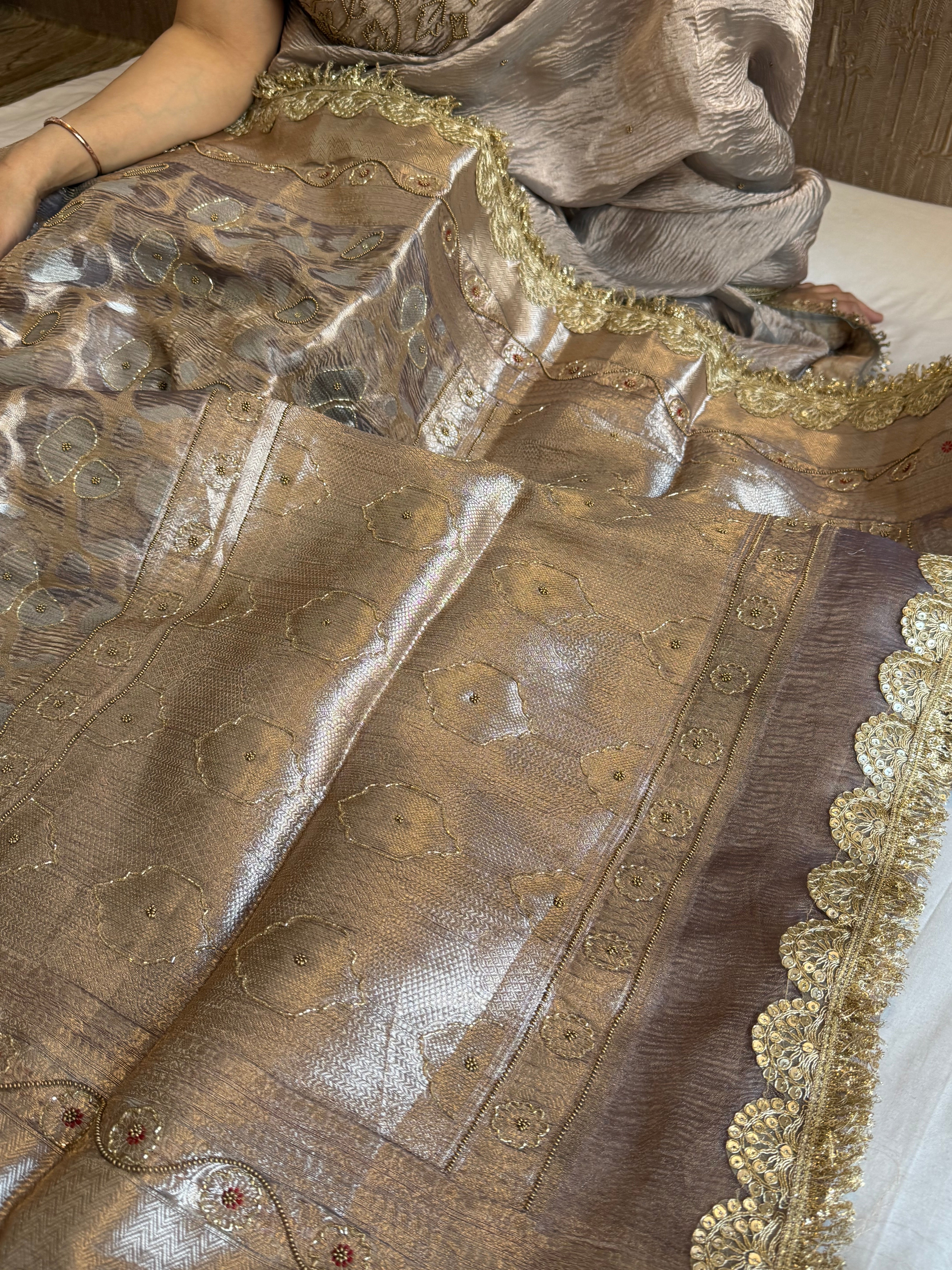 Mehfil sona rupa crushed tissue silk hand embroidered kadhwa saree