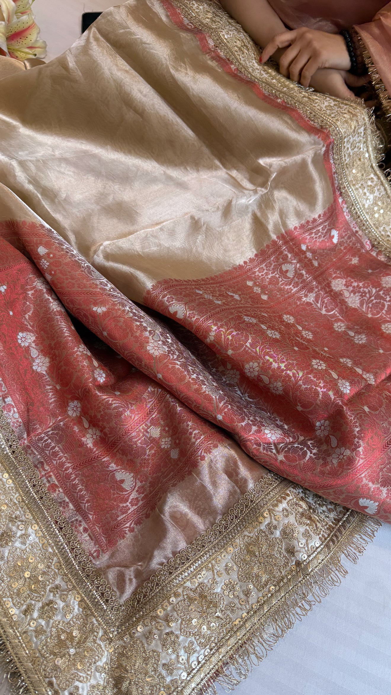 Maharani champagne gold tissue silk kadhwa gotapatti saree