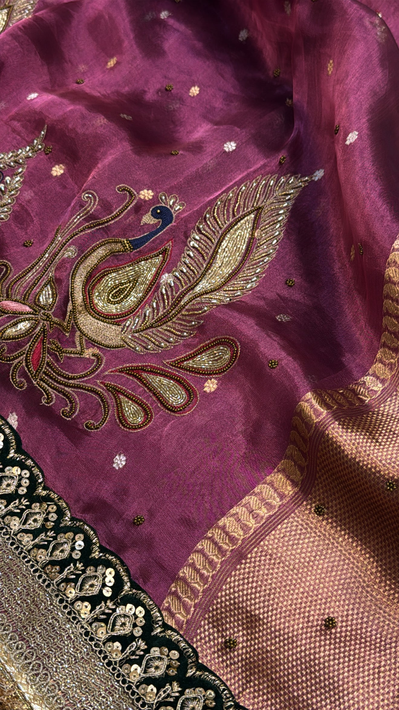 Midnight purple tissue silk peacock motif hand embroidered saree