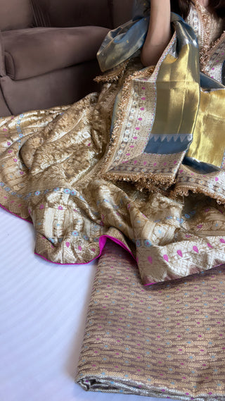 Blueish gold tissue silk kali wale lehenga